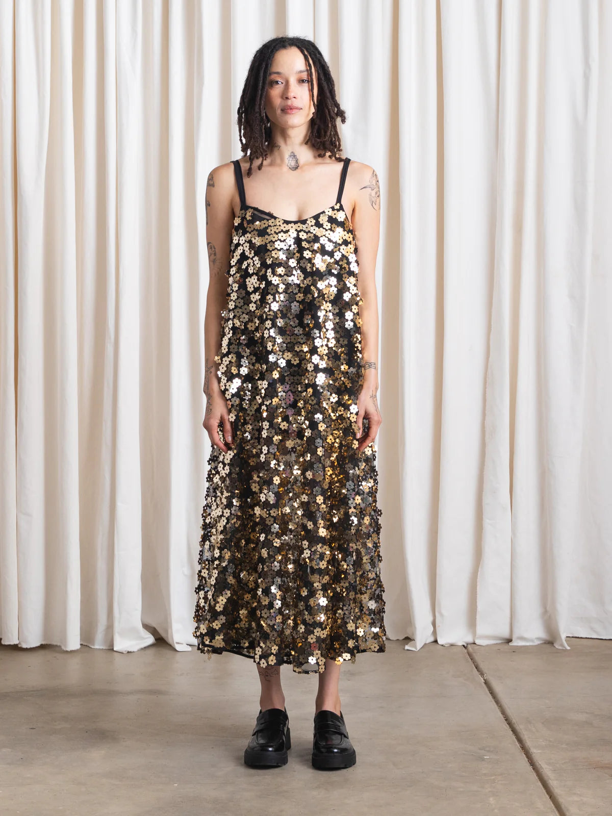 Ali Golden Full Hem Dress in Gold Sequins