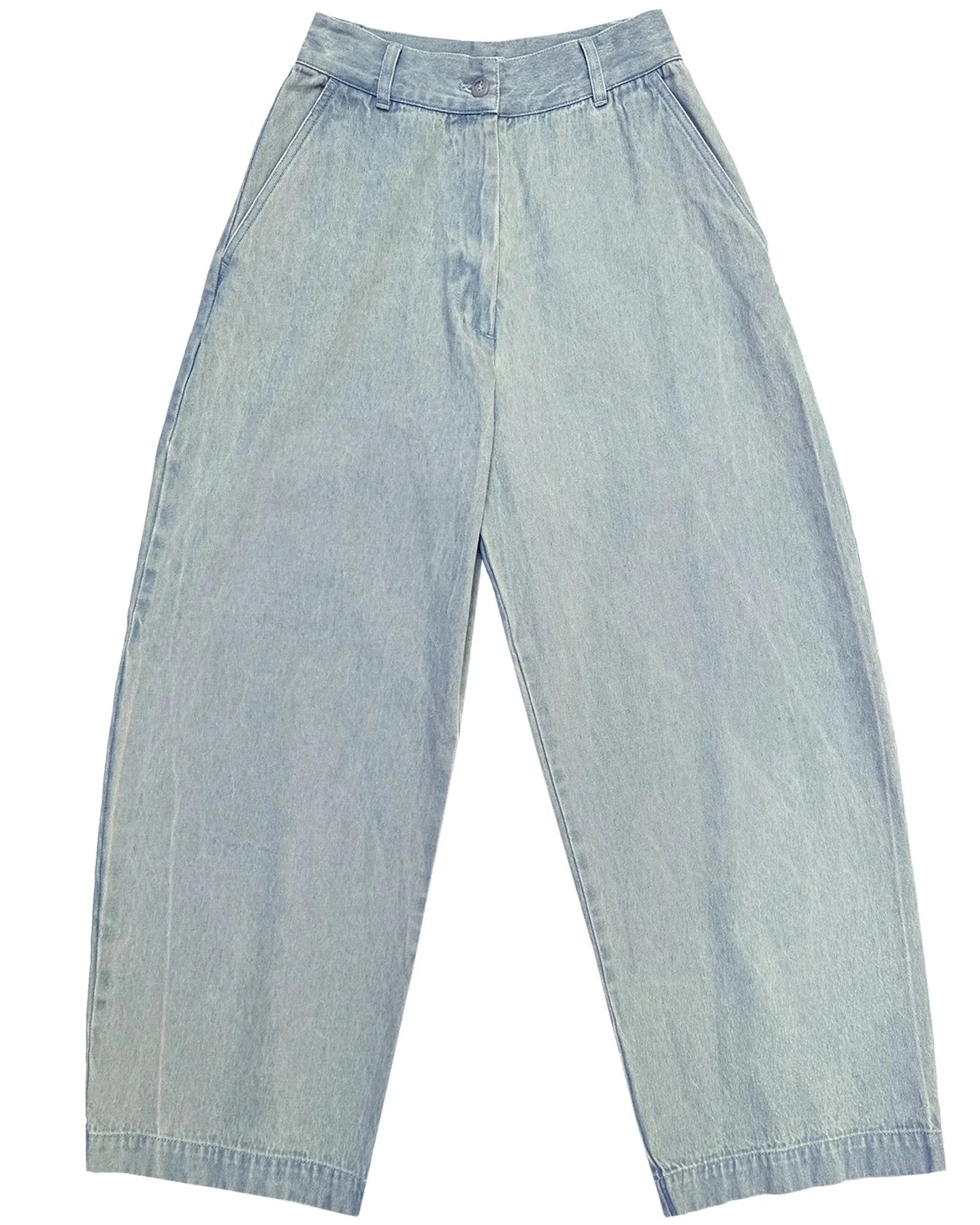 Light blue denim pants on a white background