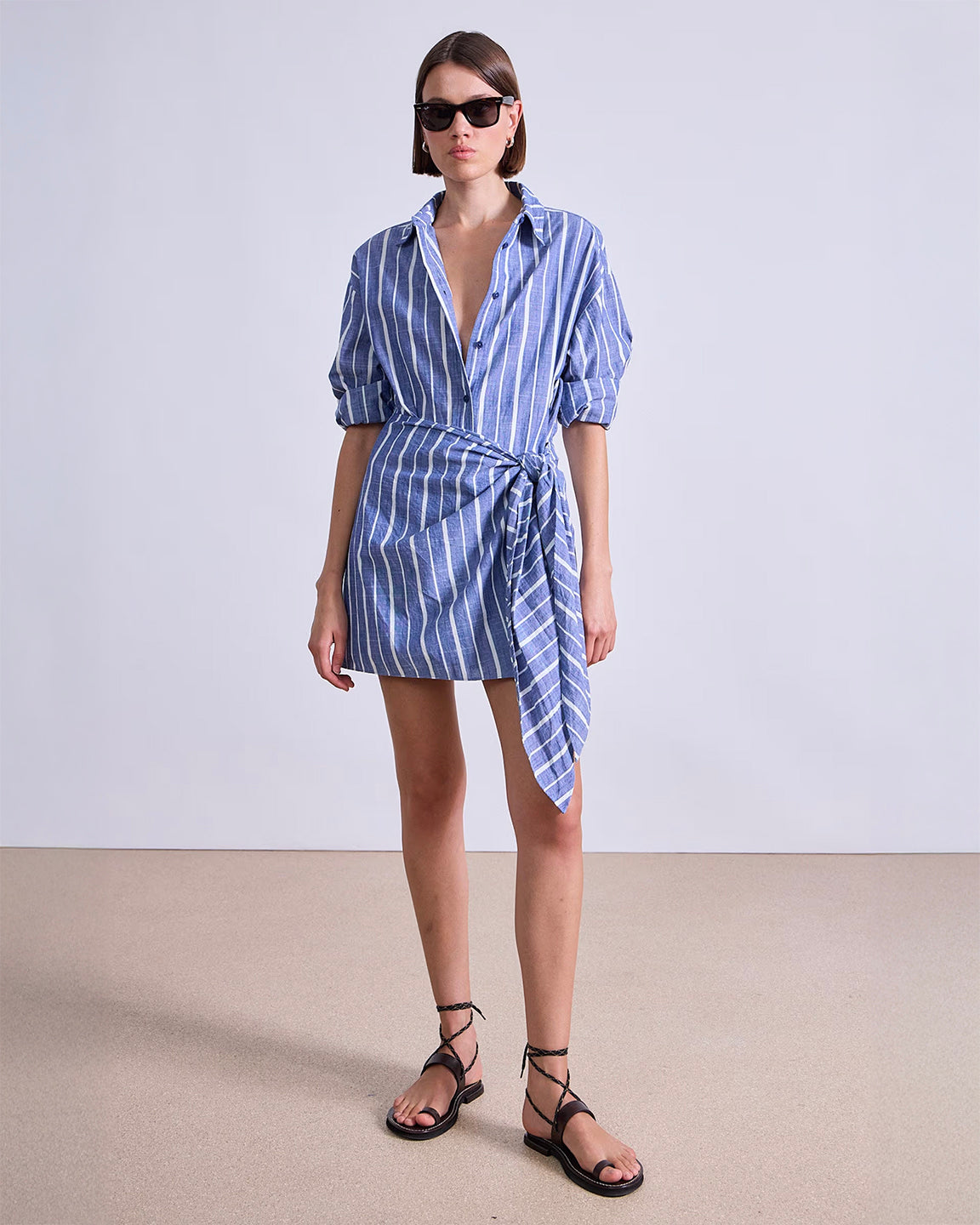 Apiece Apart Alessandra Striped Mini Shirt Dress In Chambray Blue