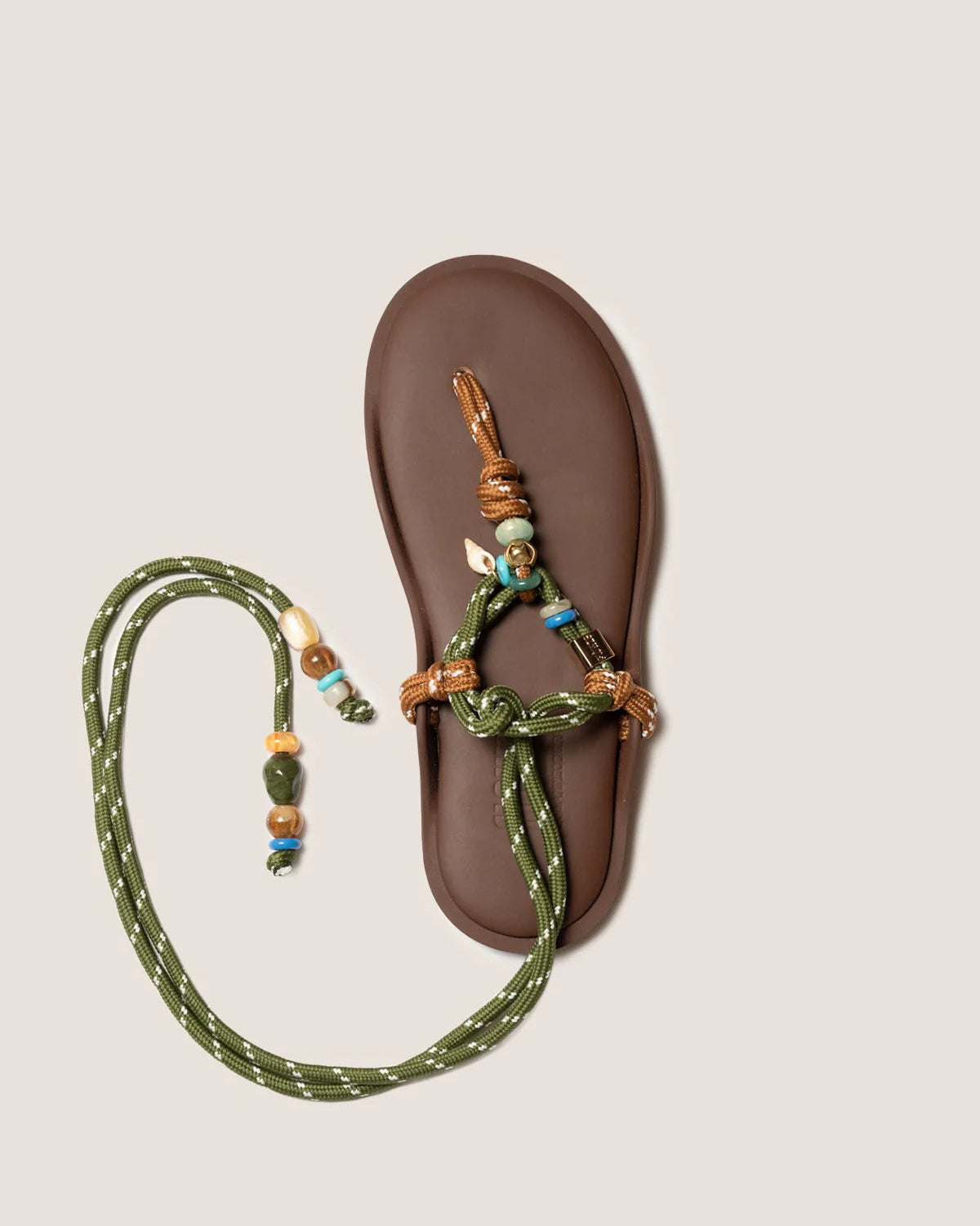 Flowze Flo Twin Ankle Tie Sandal in Brown & Military Green with Beads