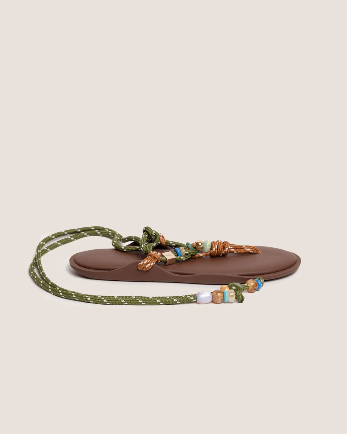 Flowze Flo Twin Ankle Tie Sandal in Brown & Military Green with Beads