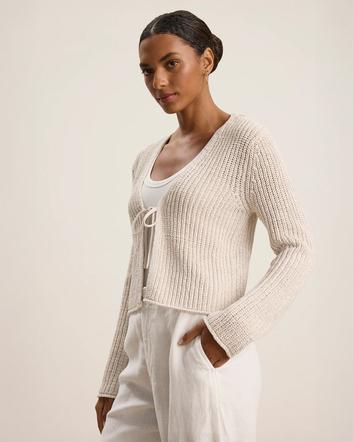 velvet by Graham and Spencer Thalia Tie-Front Cardigan in Chalk