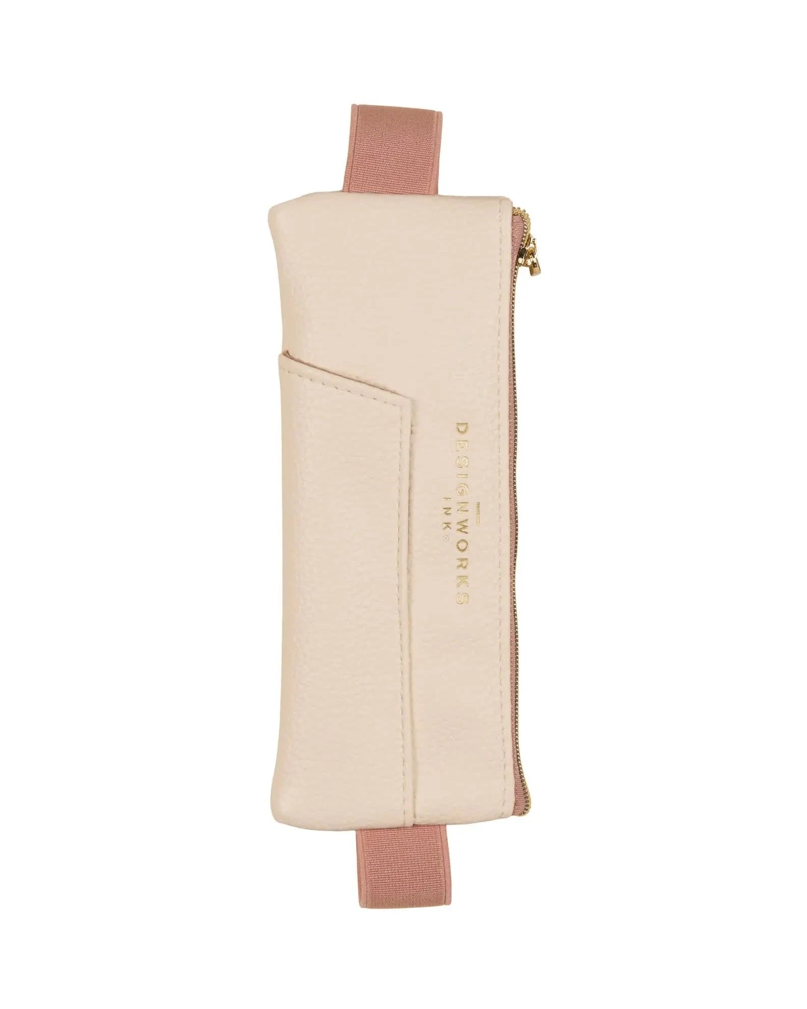 Beige pouch with pink strap on a white background