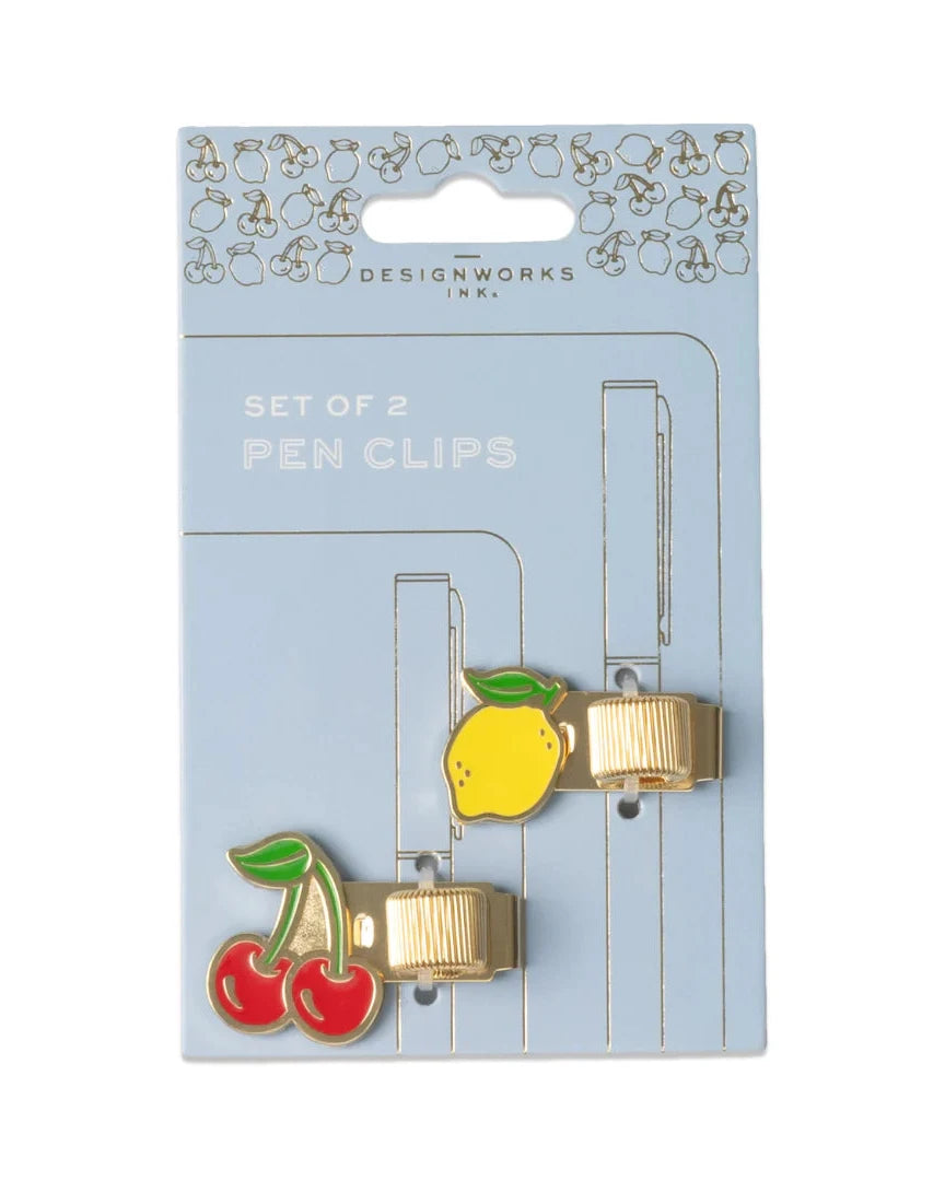 Set of 2 pen clips with cherry and lemon design on packaging
