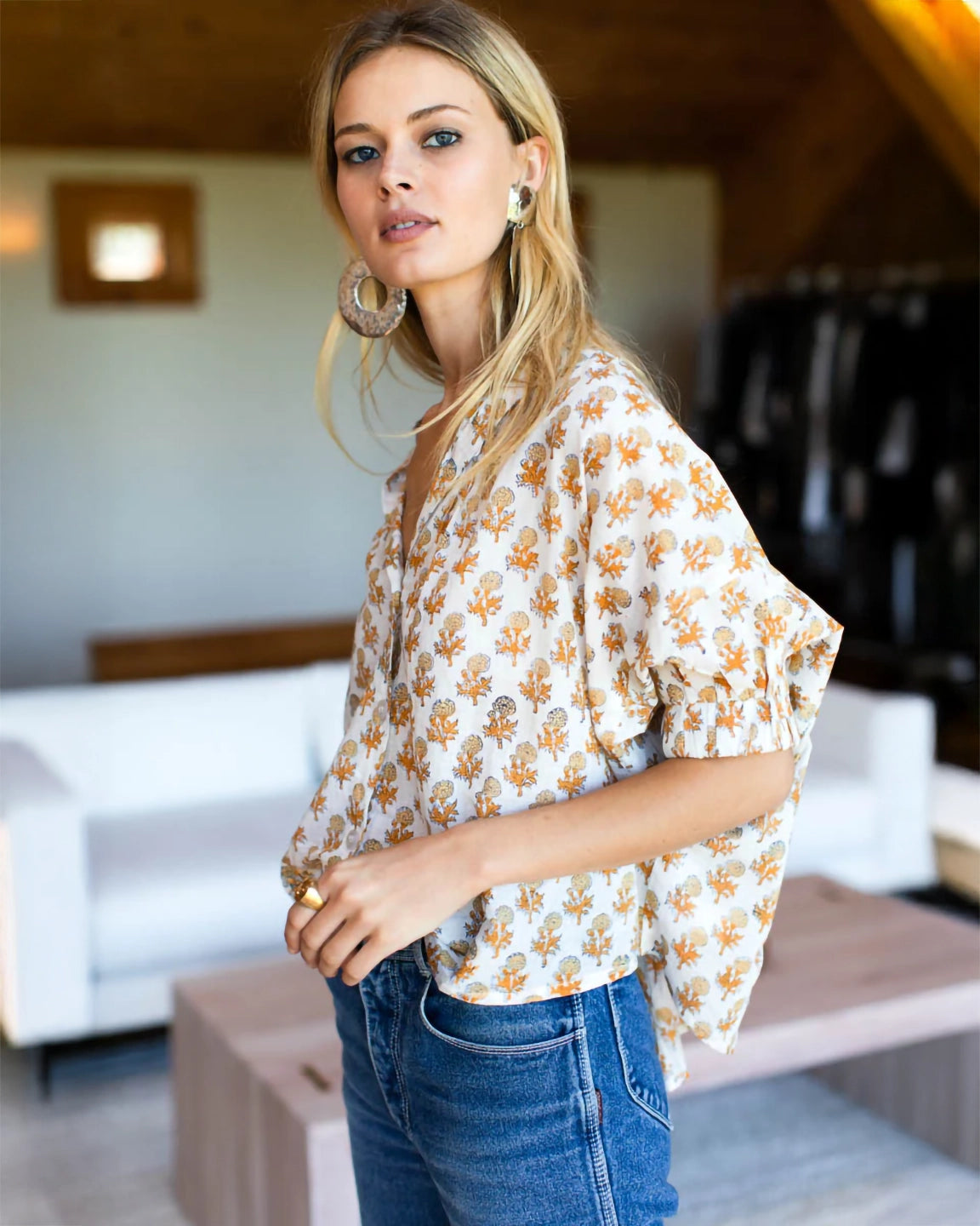 Emerson Fry Mandarin Collar Top in Little Marigolds Organic