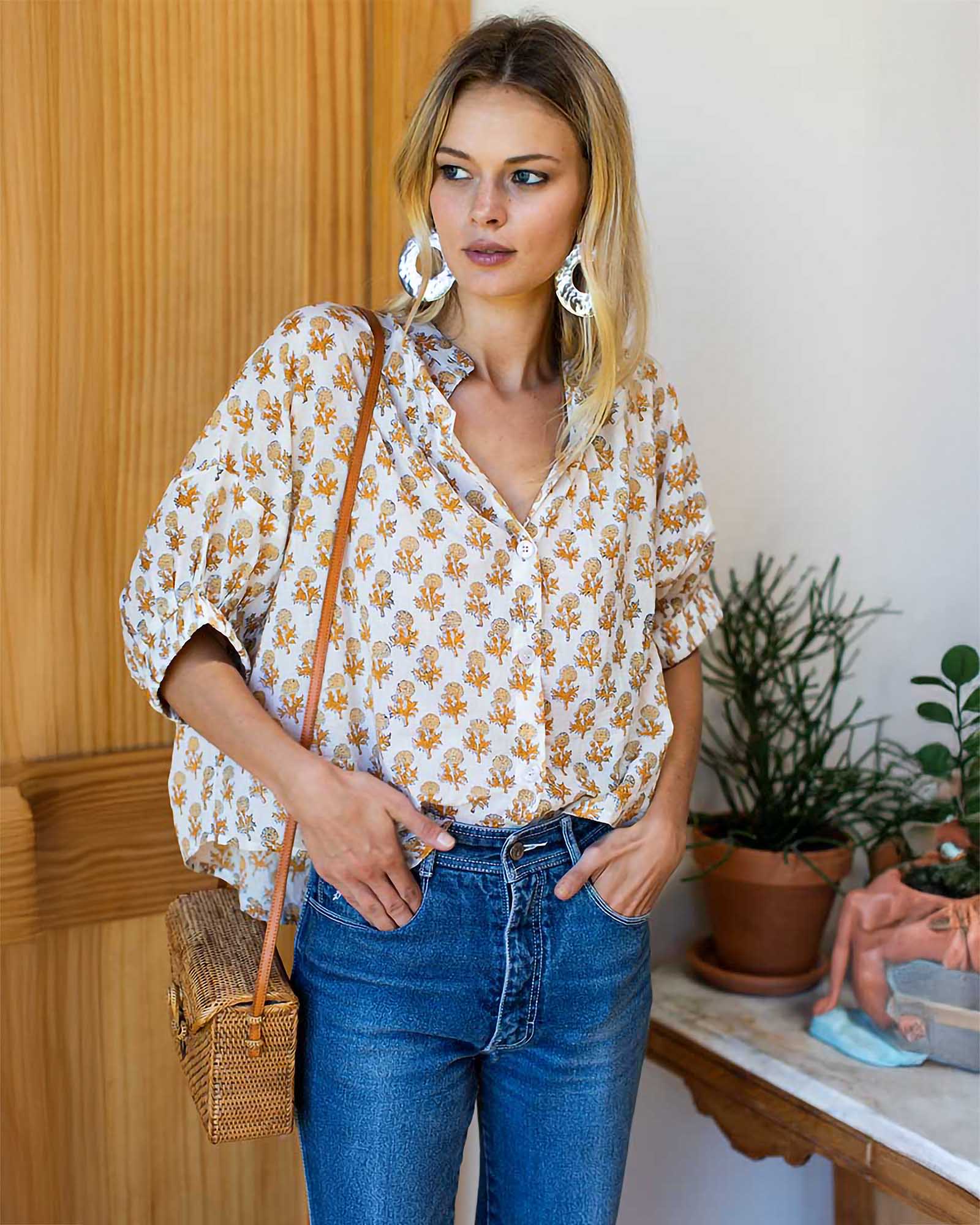 Emerson Fry Mandarin Collar Top in Little Marigolds Organic