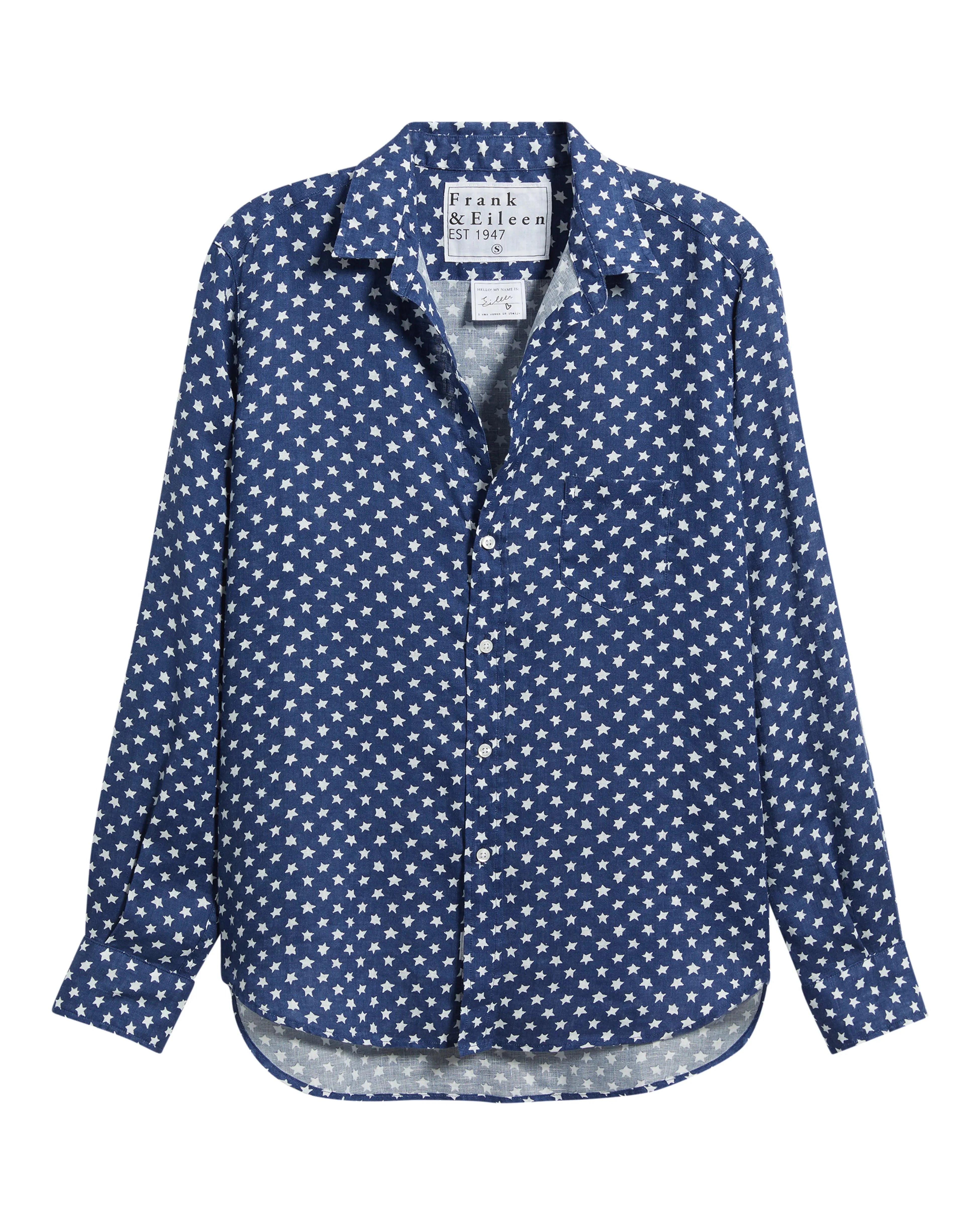 A long-sleeve button-up shirt by Frank Baker, featuring a navy blue base with a white micro-dot pattern, displayed flat against a white background.