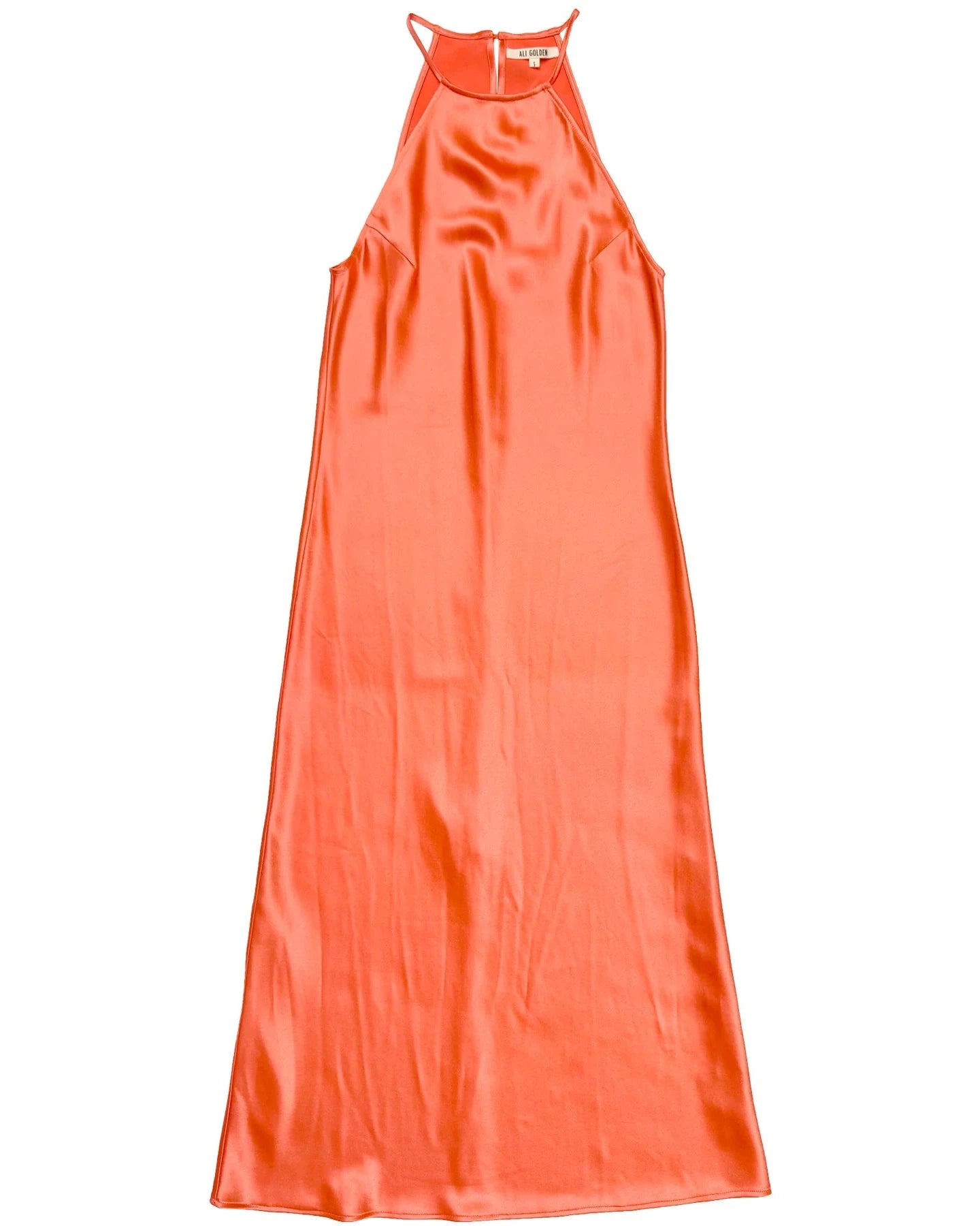 Coral satin halter neck gown on a white background