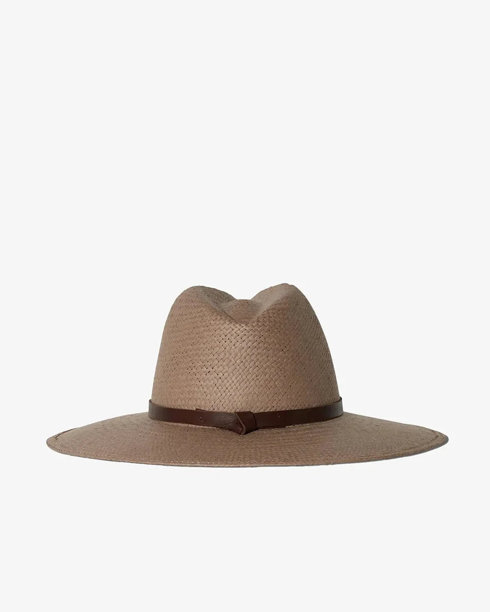 Brown straw hat with a wide brim on a white background