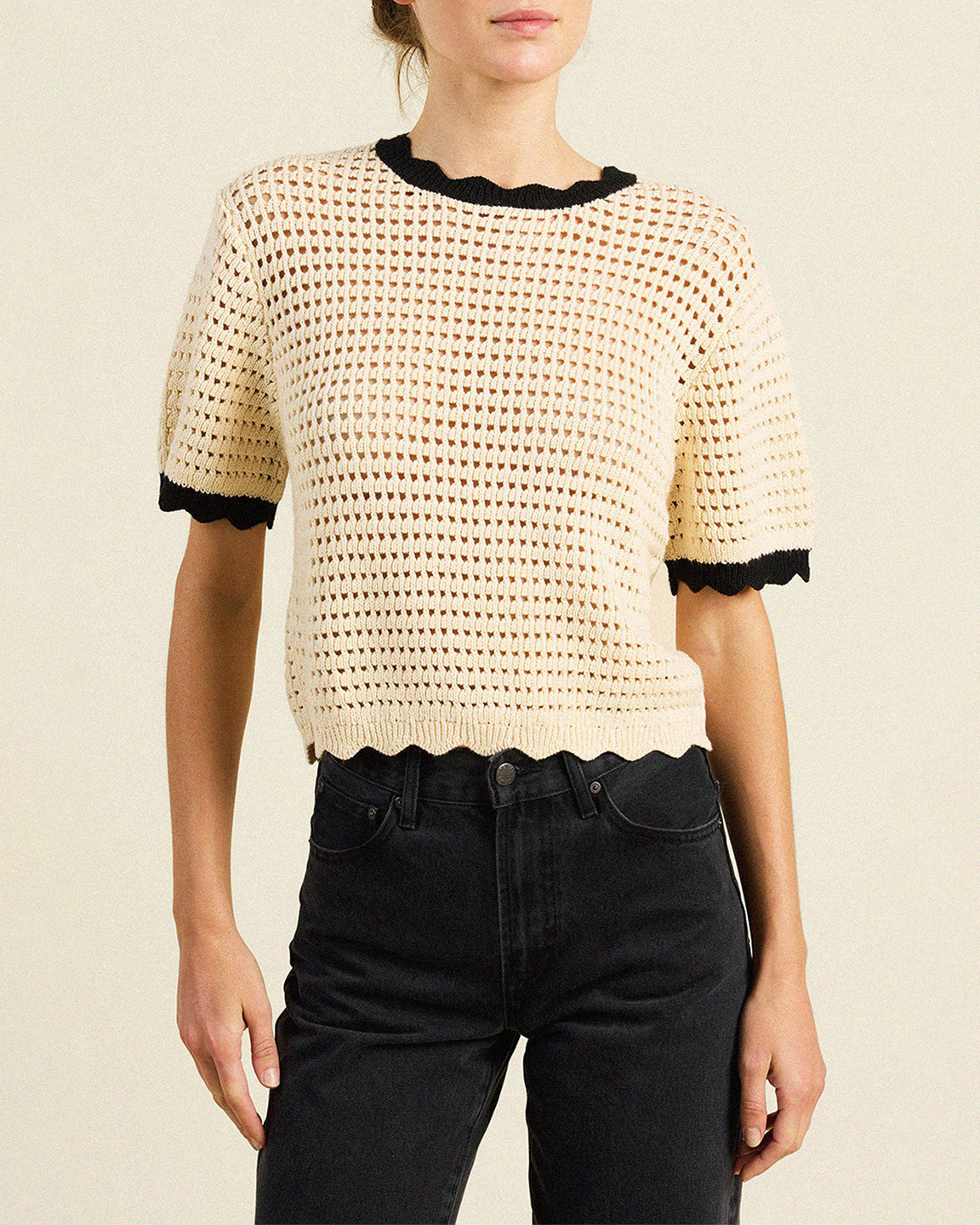 Trovata Jules Sweater T-Shirt in Antique White with Black Trim