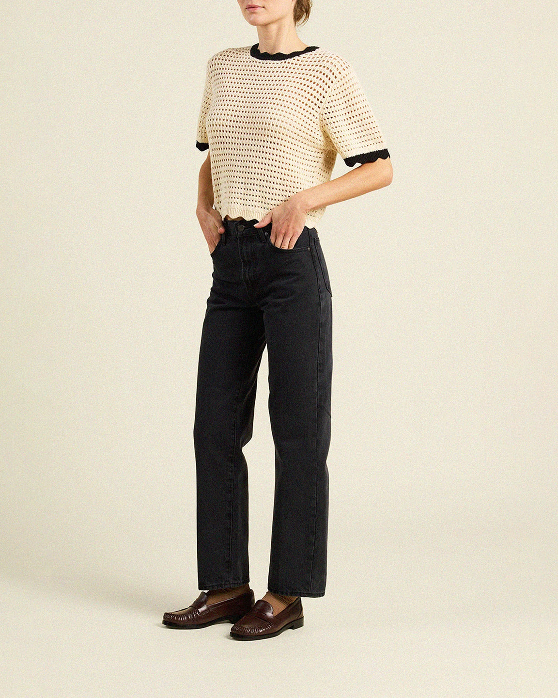 Trovata Jules Sweater T-Shirt in Antique White with Black Trim