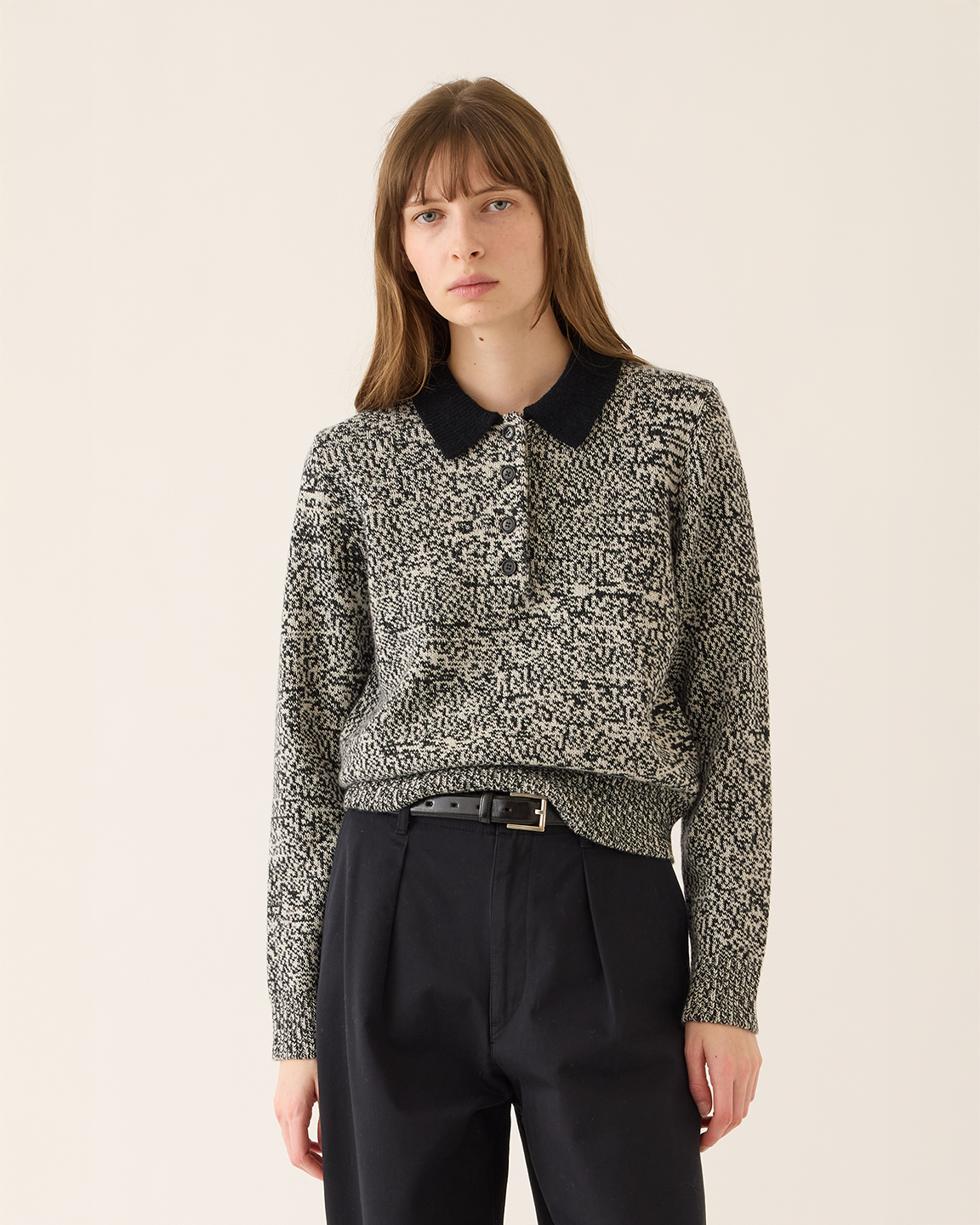 Demylee Estelle Wool Melange Polo Sweater in Black Mix Combo