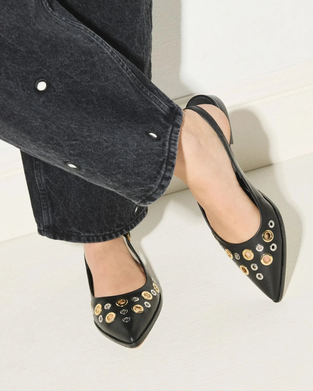 Freda Salvador Marie Slingback in Black Calf With Mixed Grommets