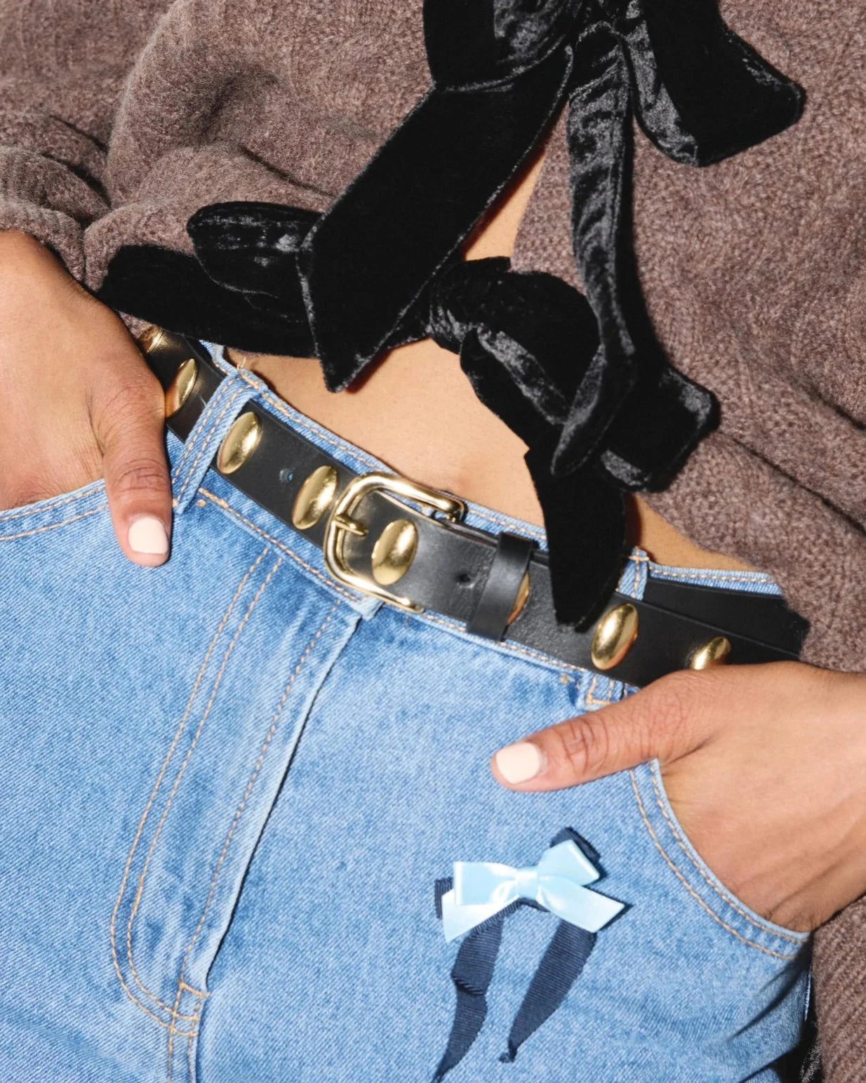 Freda Salvador Rebecca Belt in Black Calf with Mixed Grommets