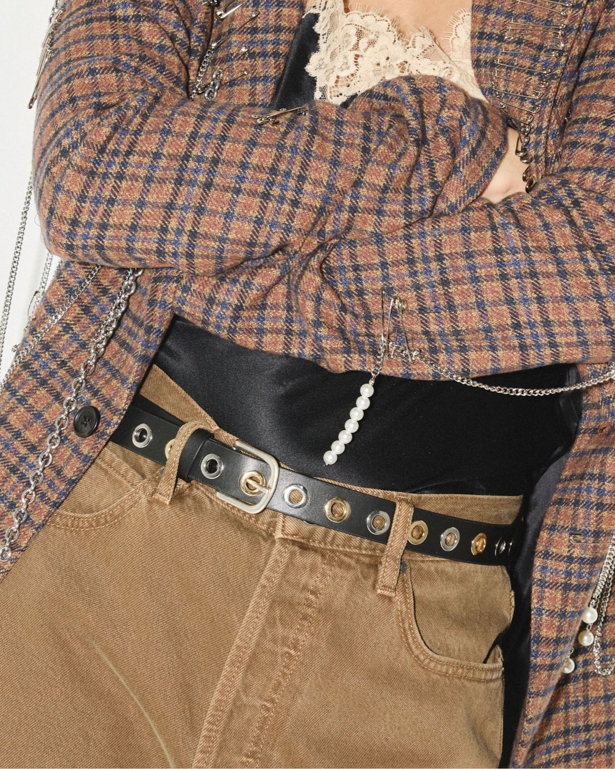 Freda Salvador Rebecca Belt in Black Calf with Mixed Grommets