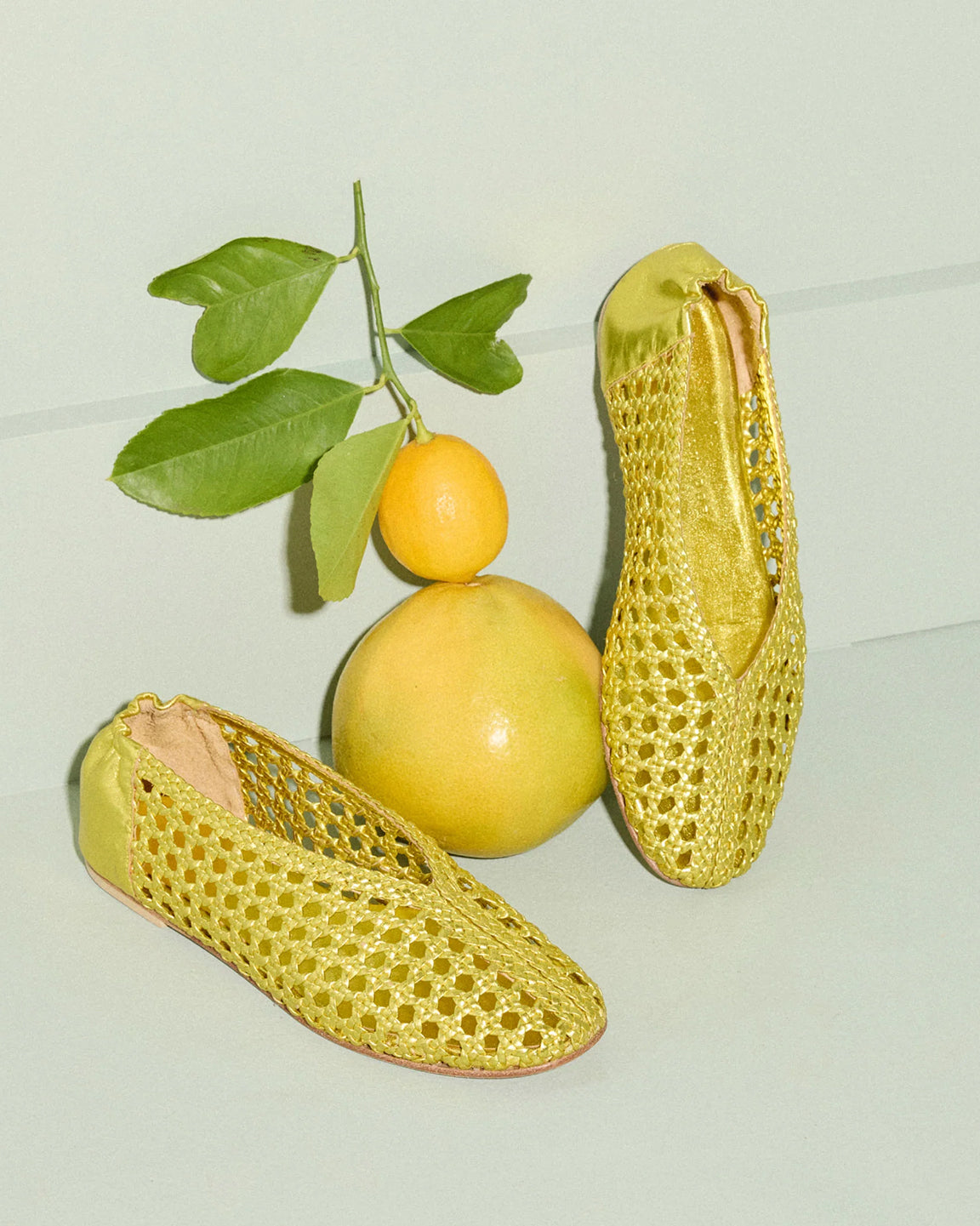 Freda Salvador Riley Flat in Chartreuse Metallic Woven Calf