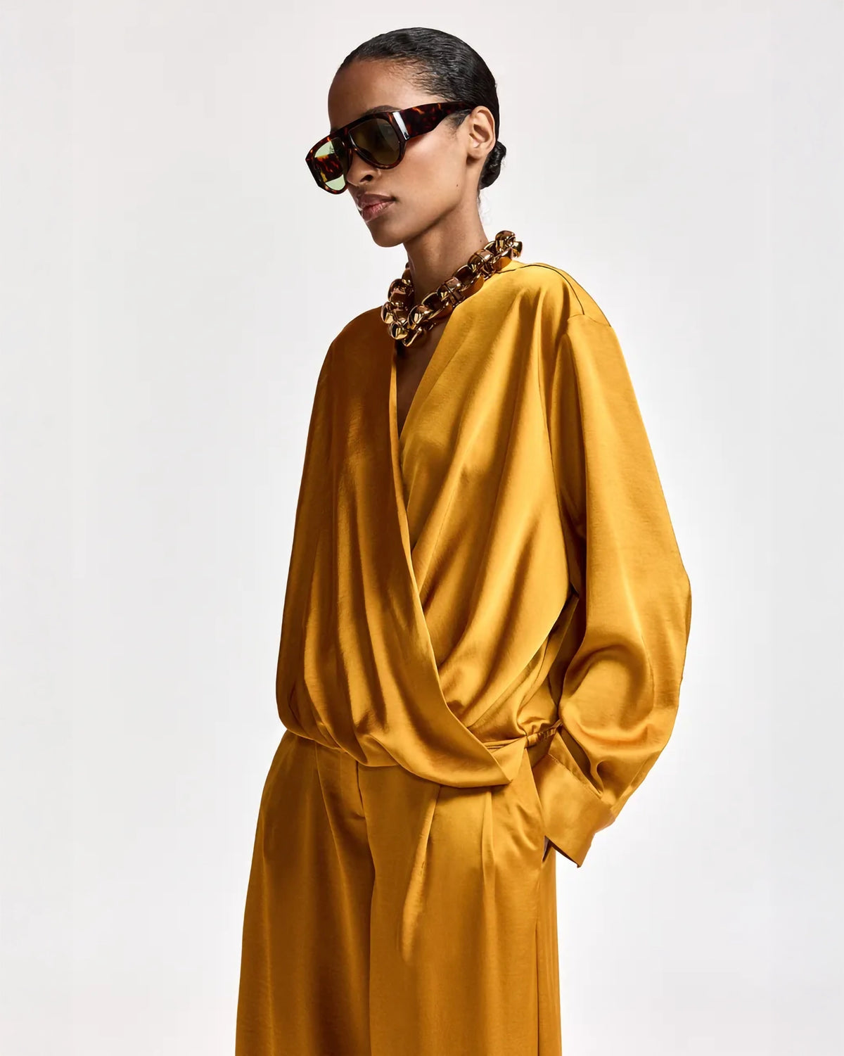 Essentiel Antwerp Kolkwitzia Draping Wrap Top in Caramel Drip