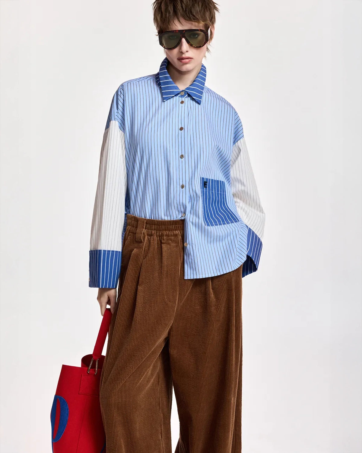 Essentiel Antwerp Kozef Fabric Mix Cropped Shirt in Sky