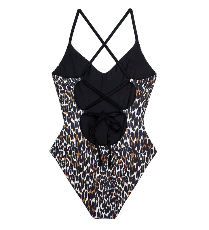 The Great. Reversible Lace Up One Piece in Leopard
