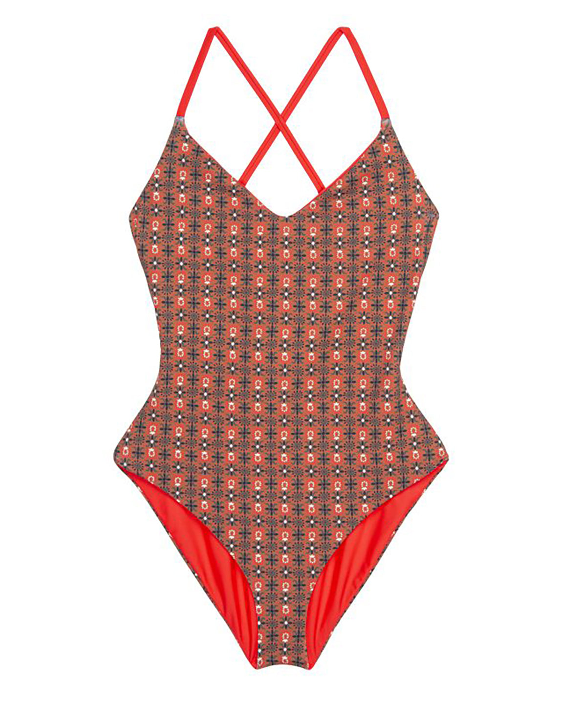 The Great. Reversible Lace Up One Piece in Rust Tile Print