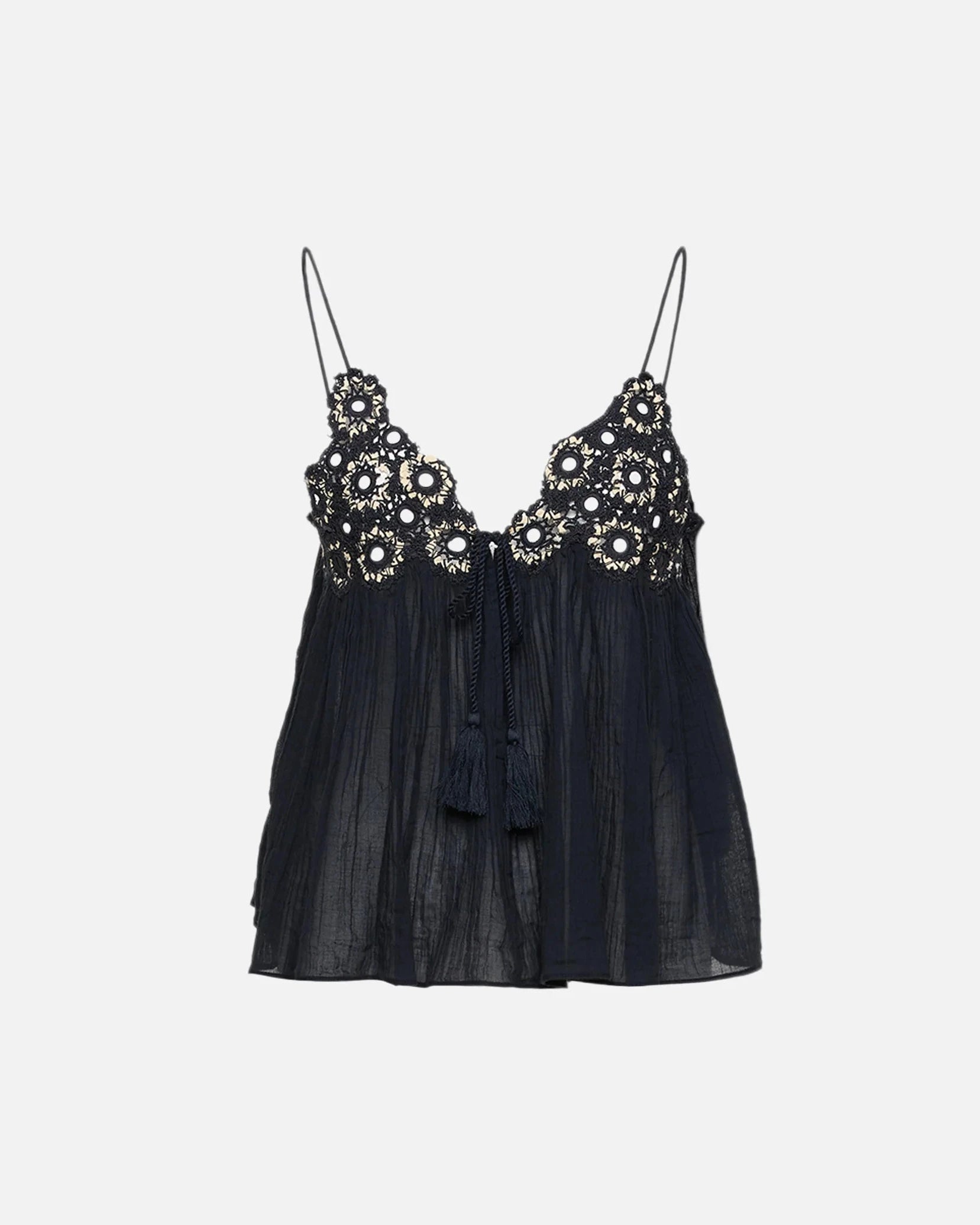 Black lace-trimmed top on a white background