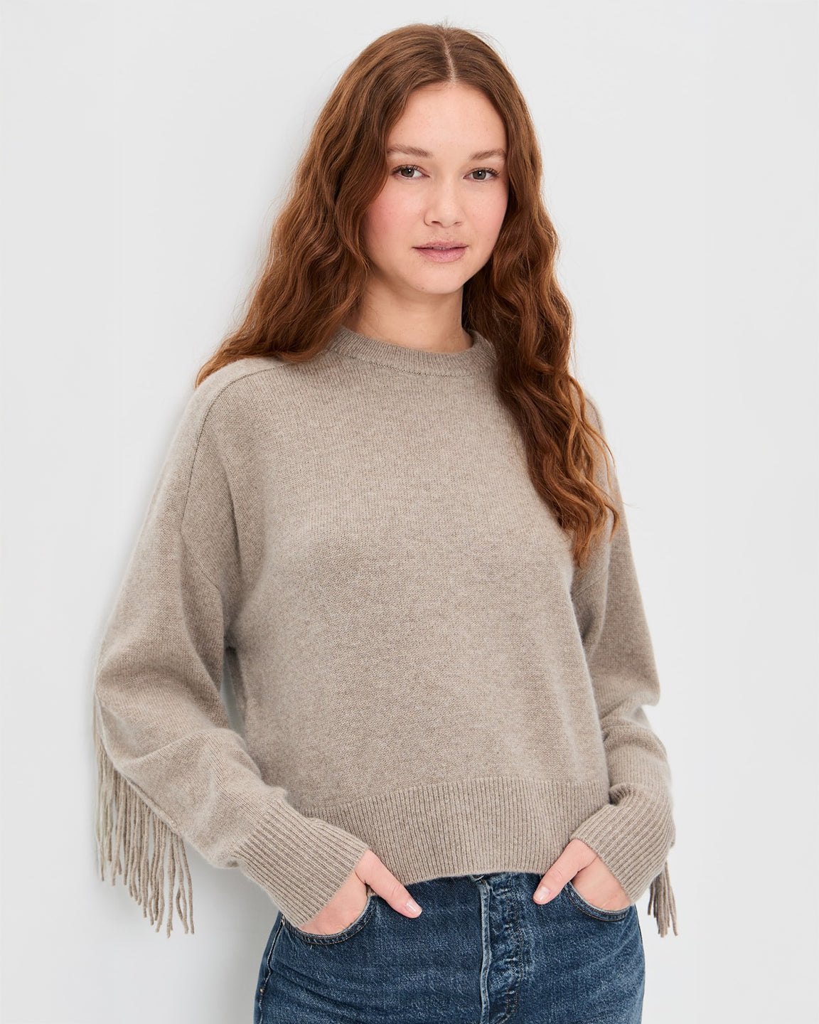 White and Warren Cashmere Blend Luxe Fringe Crew in Misty Brown