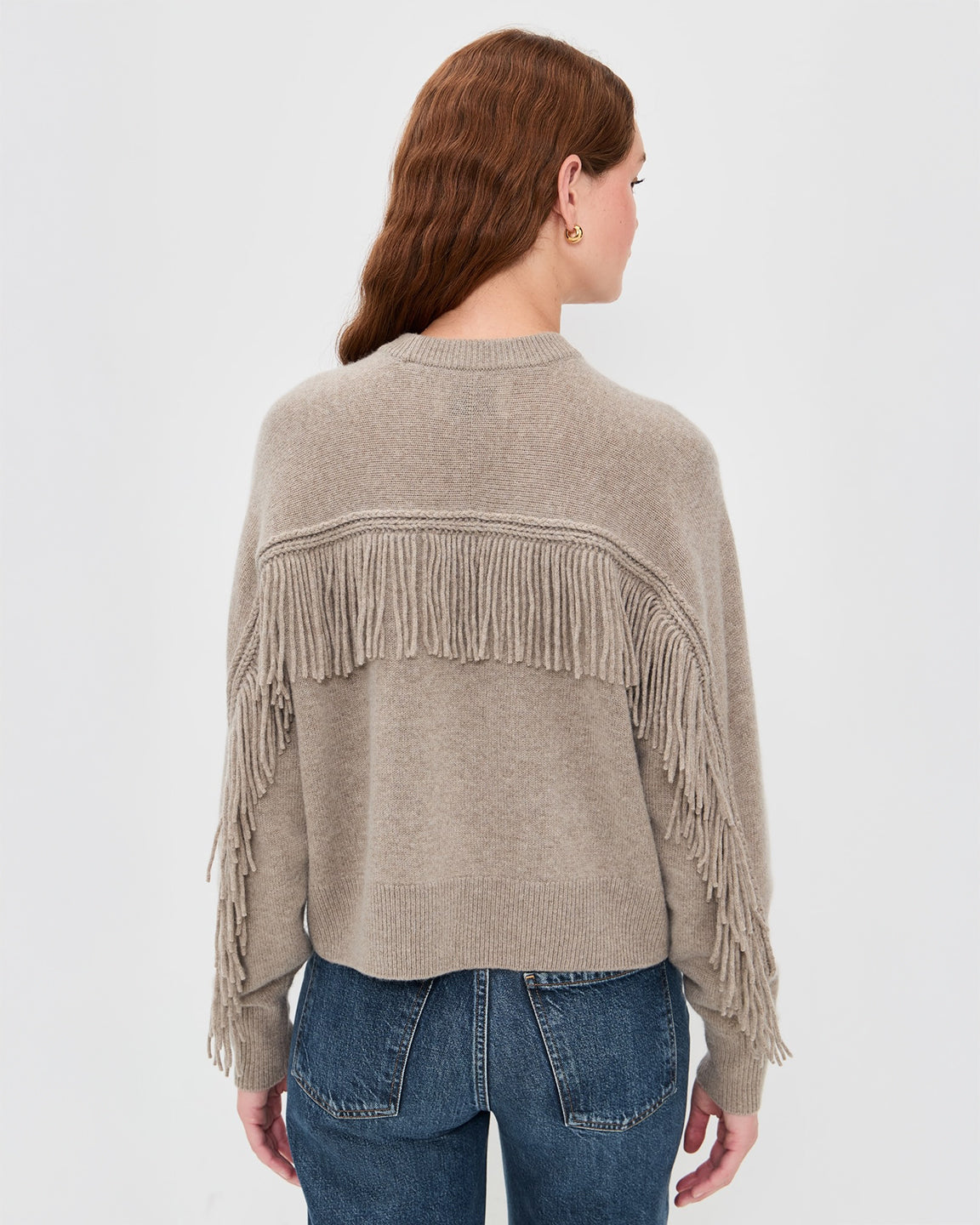 White and Warren Cashmere Blend Luxe Fringe Crew in Misty Brown