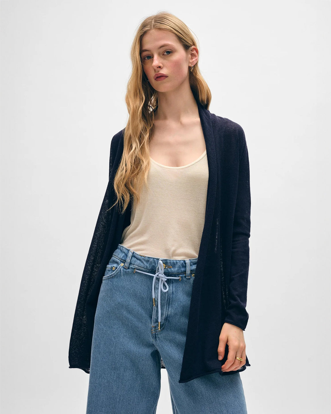 White and Warren Linen Gauze Trapeze Cardigan in Navy