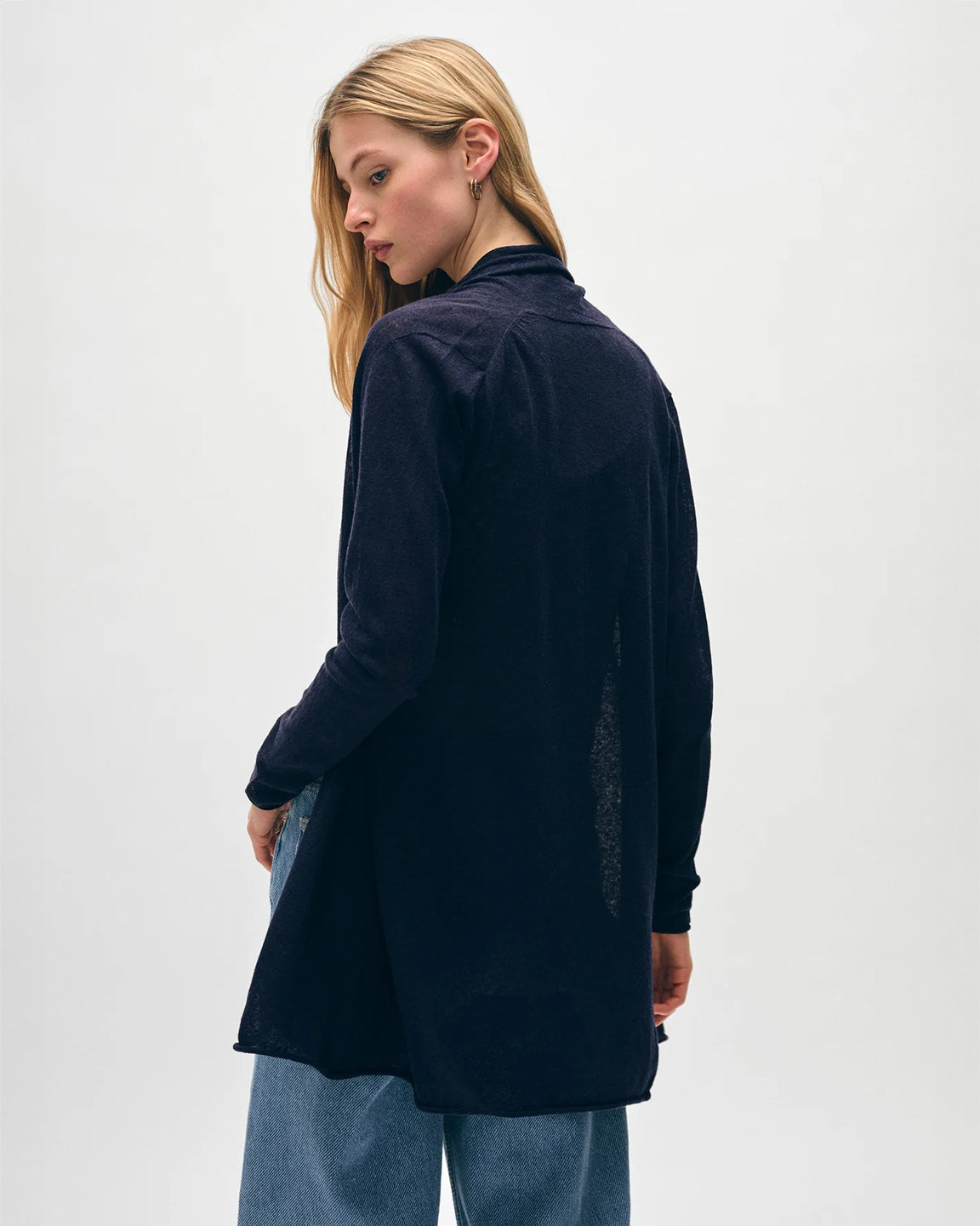 White and Warren Linen Gauze Trapeze Cardigan in Navy