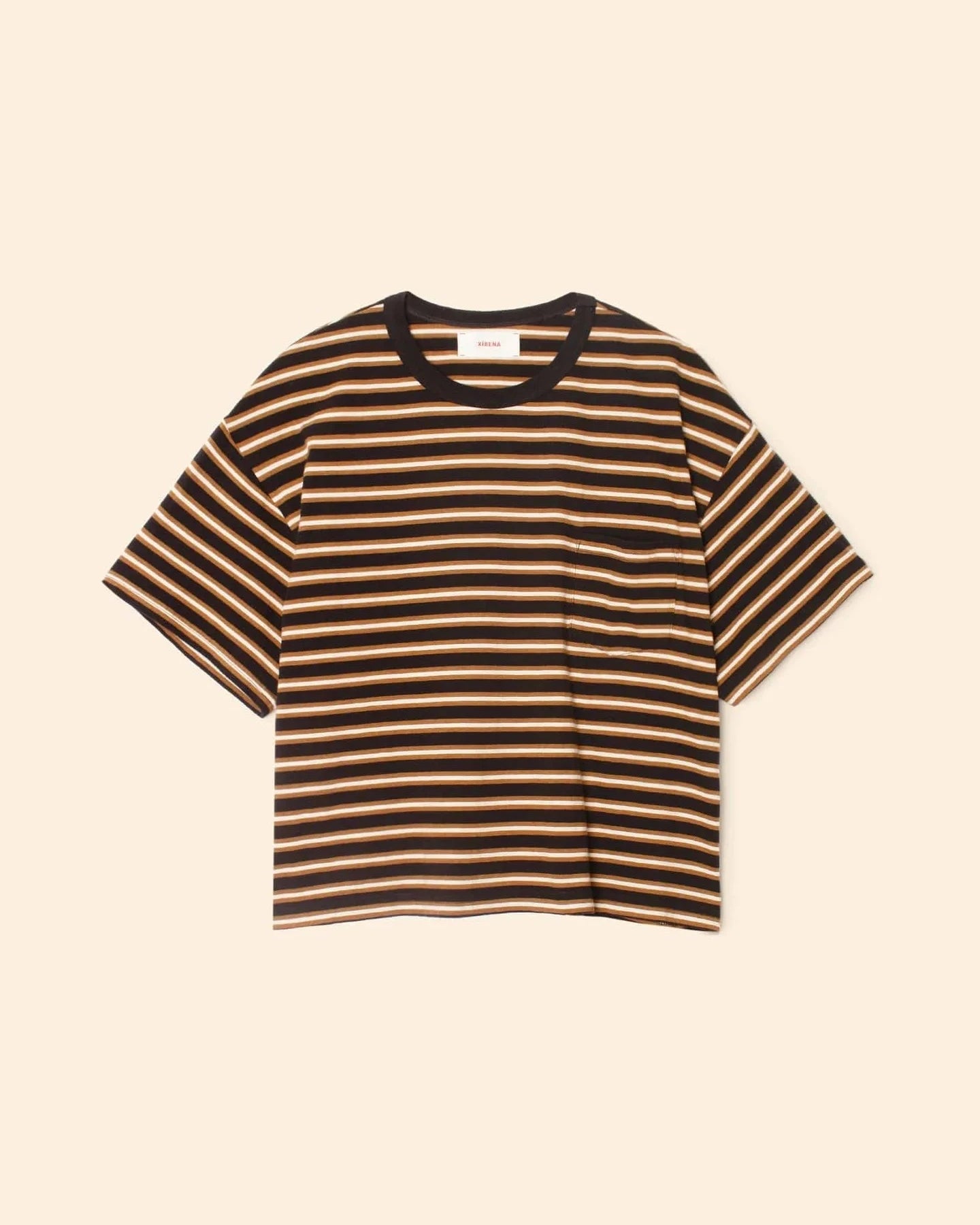 Striped t-shirt with black and beige stripes on a beige background
