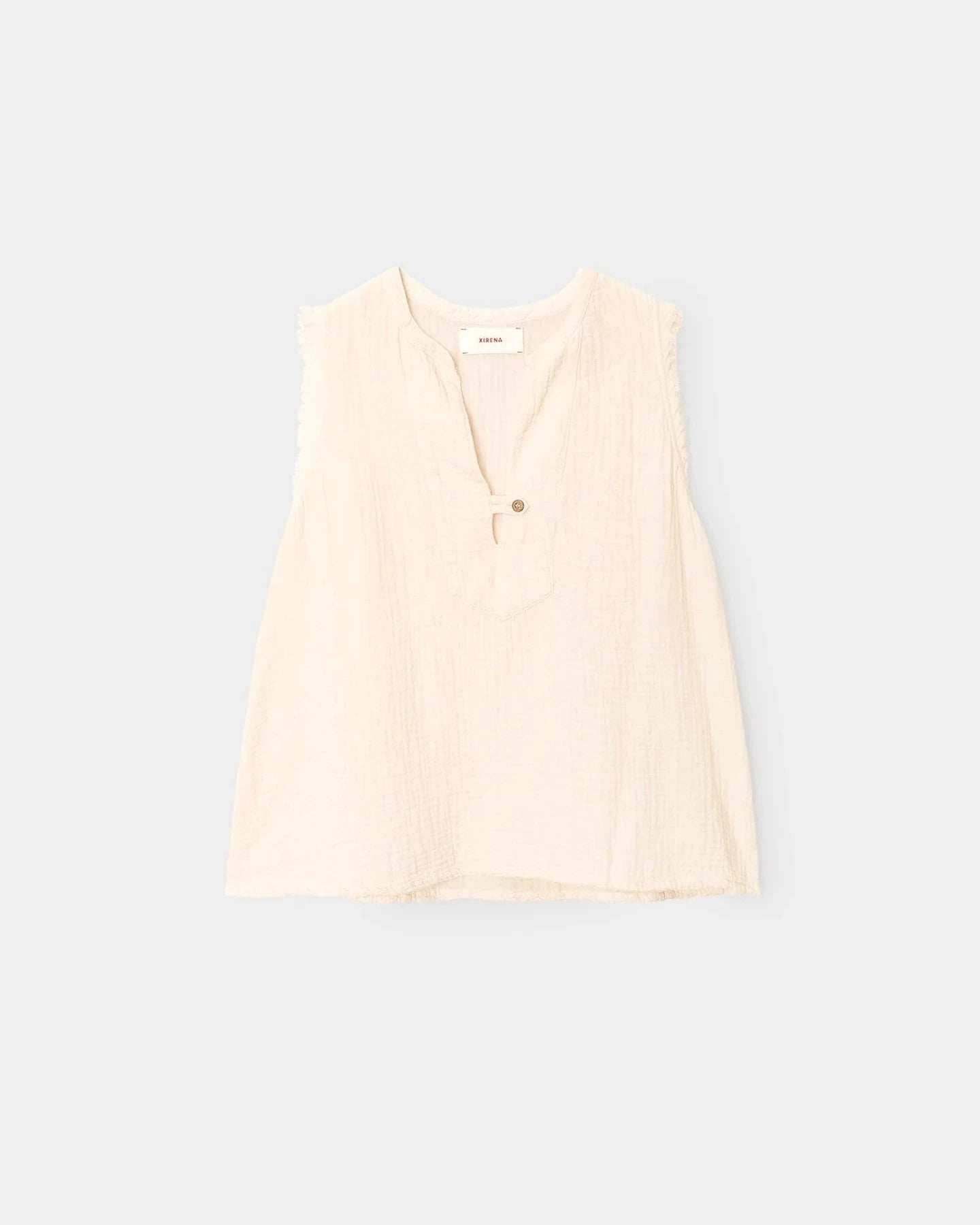 Beige sleeveless top on a light gray background
