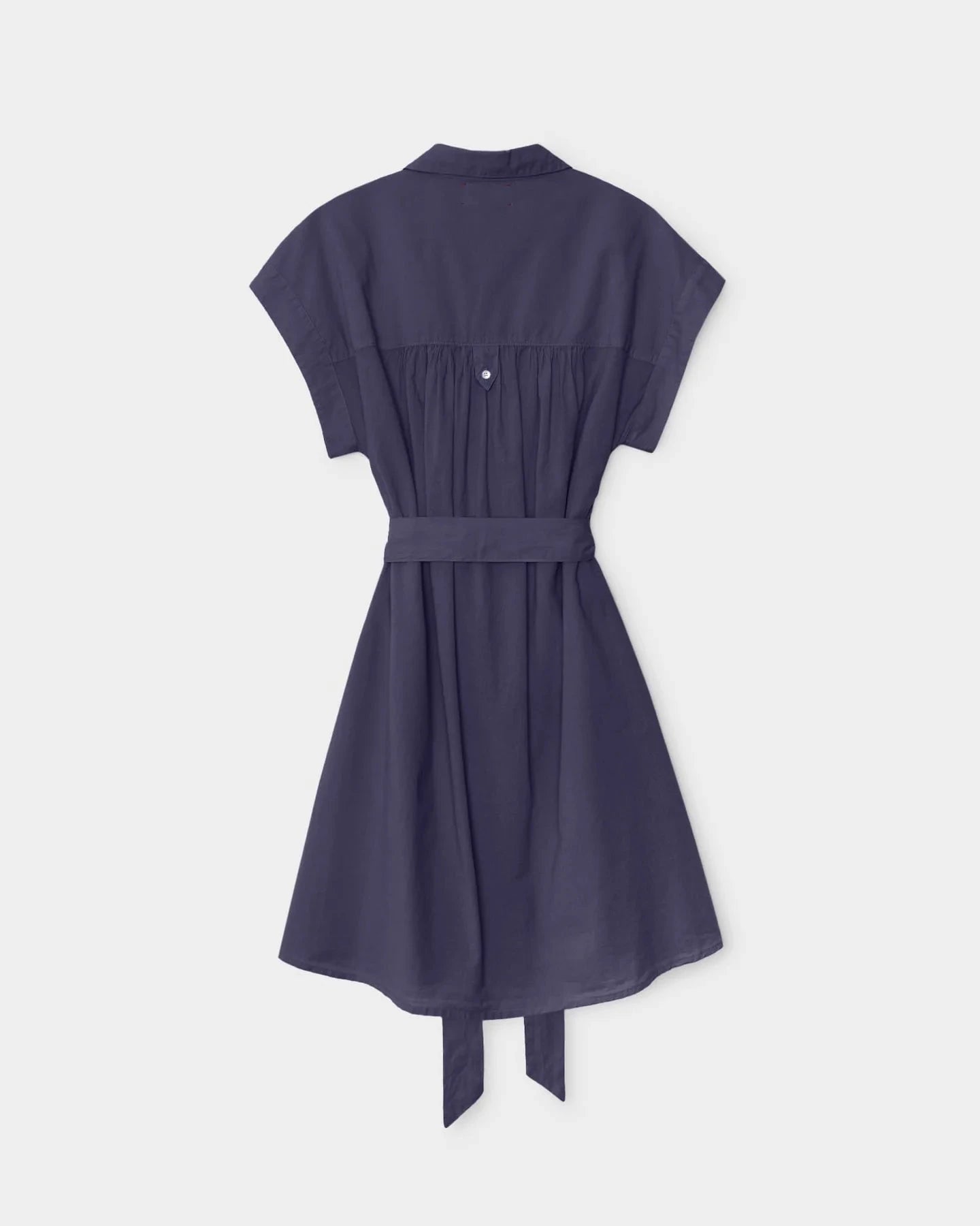 Navy blue dress with a belt on a white background