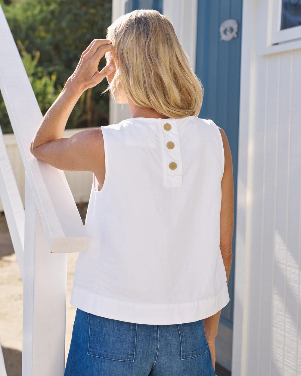 Frank & Eileen Shell Tank In White Tattered Denim
