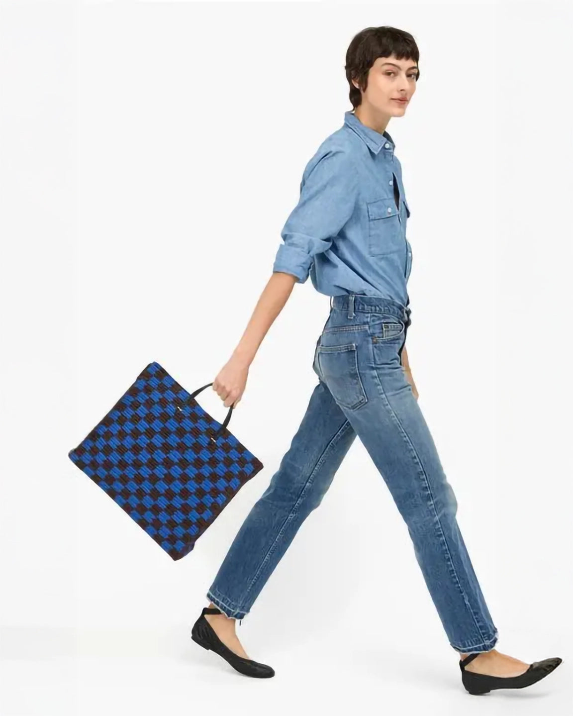 Clare V. Crochet Checkered Summer Simple Tote in Deep Blue/Chocolate