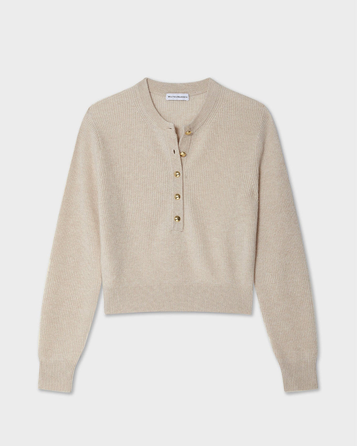 White and Warren Cashmere Ribbed Gold Button Henley in Natural Heather