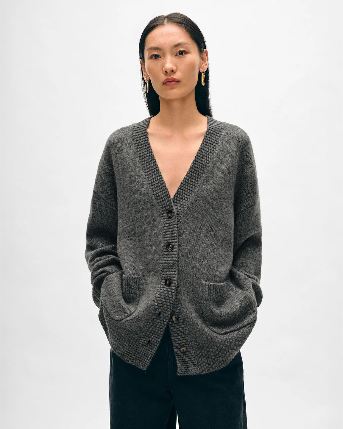 White and Warren Cashmere Luxe Pocket Cardigan in Graphite Heather