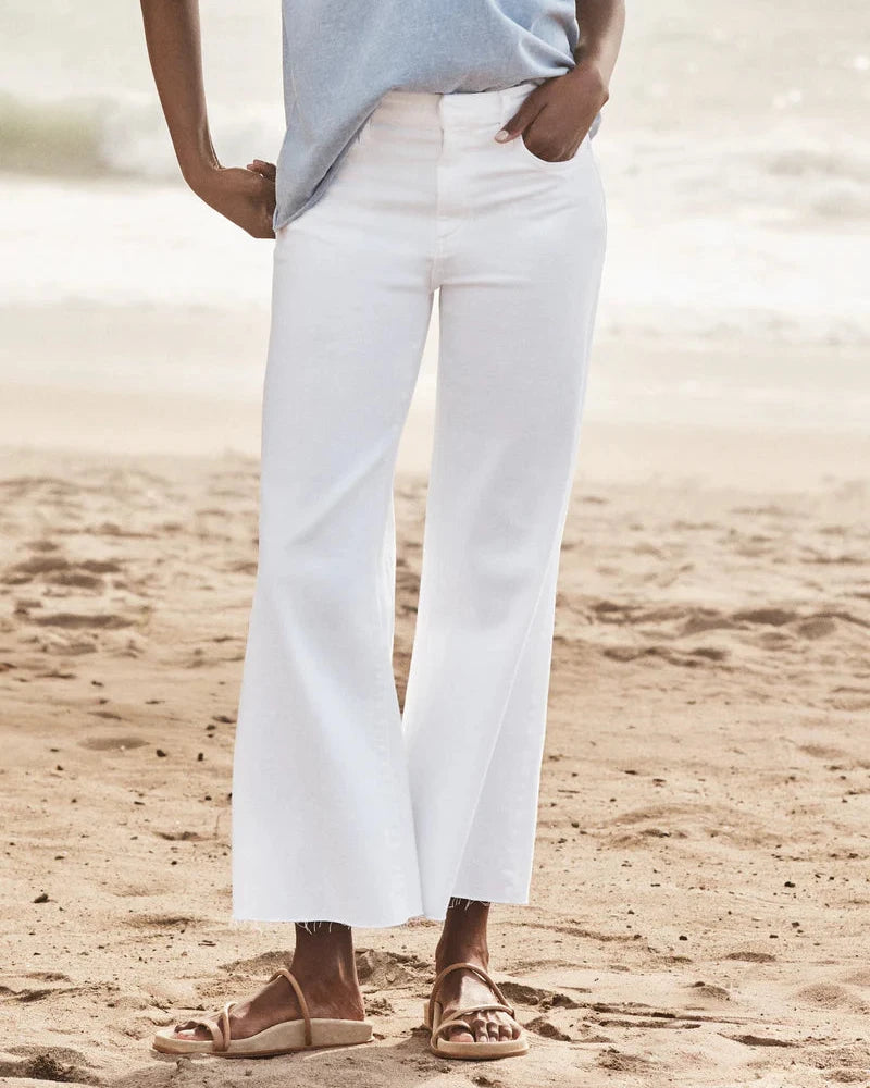 Person wearing white pants and a light blue top on a sandy beach.