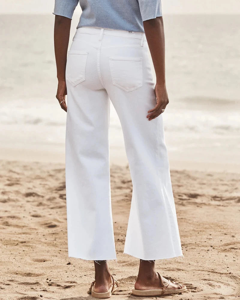 Person wearing white pants and a light blue top on a sandy beach.