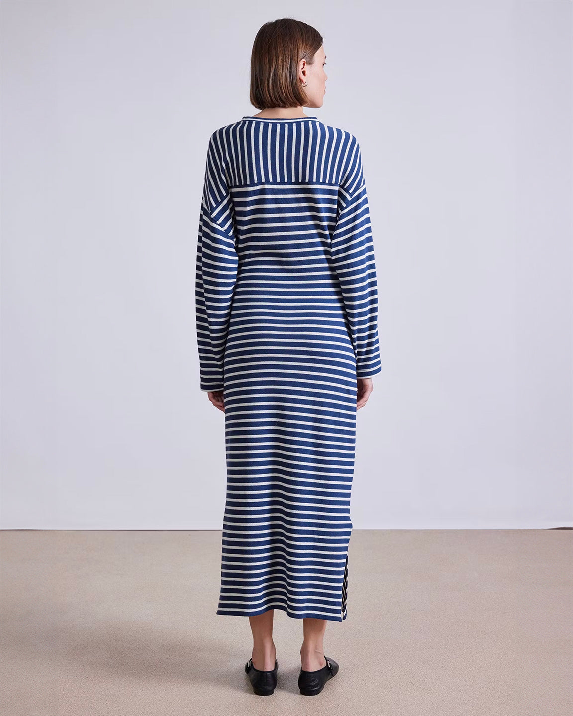 Apiece Apart L/S Vanina Cinched Waist Dress in Navy and Cream Stripe