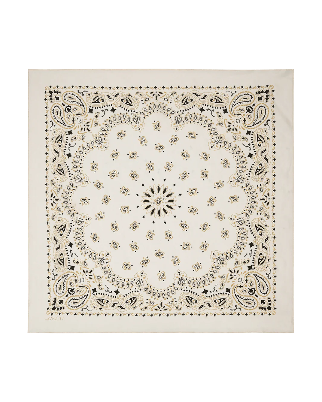 A square cream-colored bandana featuring an intricate black and beige paisley and floral mandala pattern, displayed flat against a solid white background.