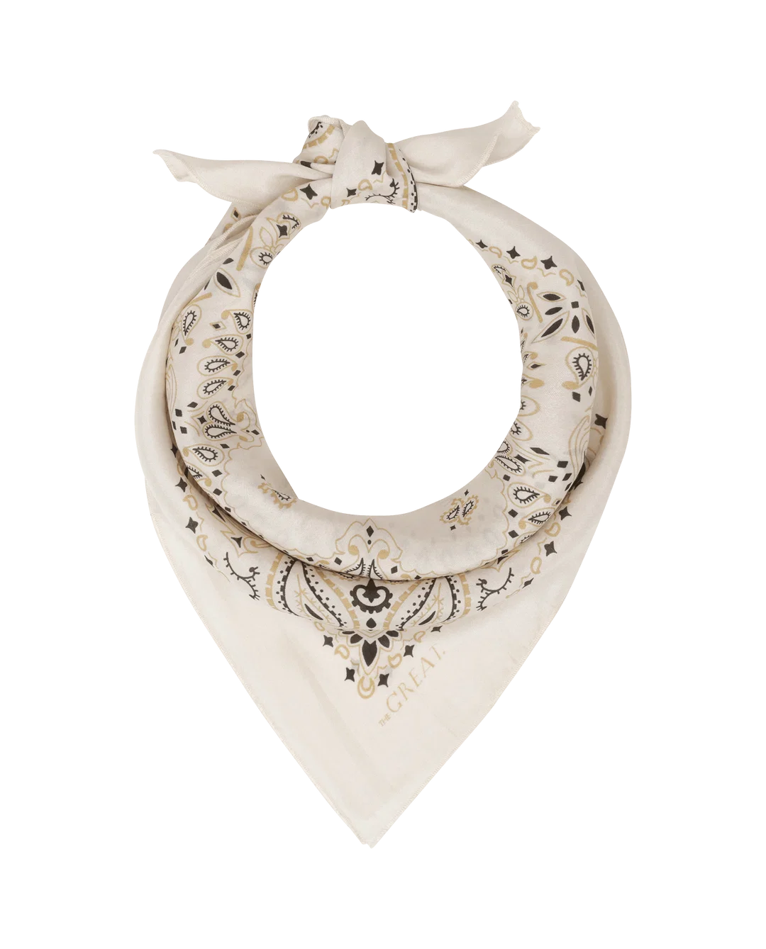 An off-white bandana necktie featuring a black and beige paisley pattern, displayed on a clean white background.