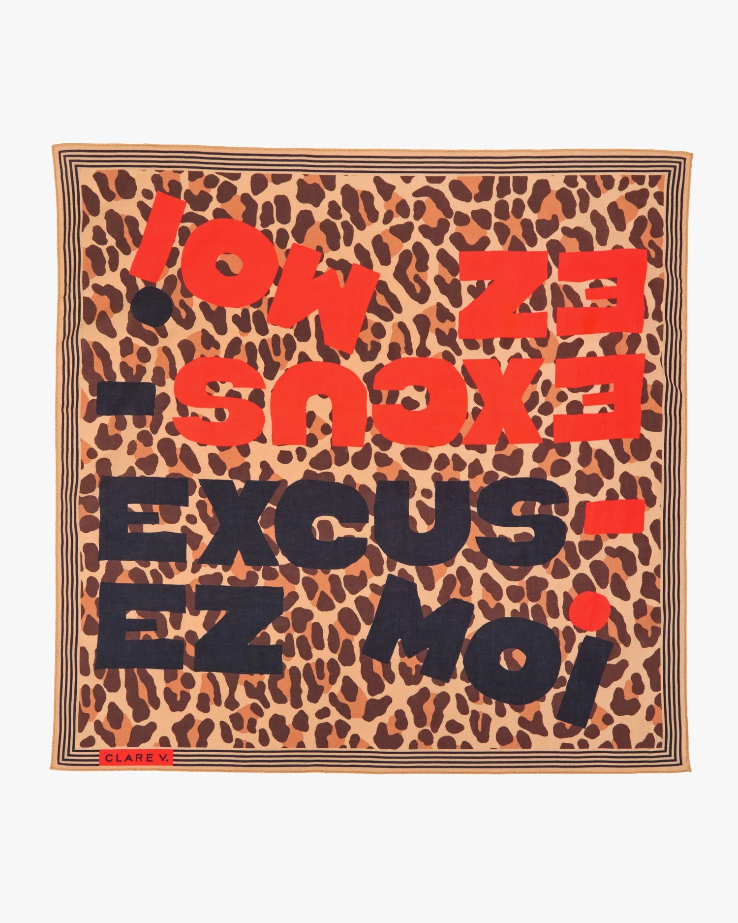 Leopard print scarf with red and black text on a white background