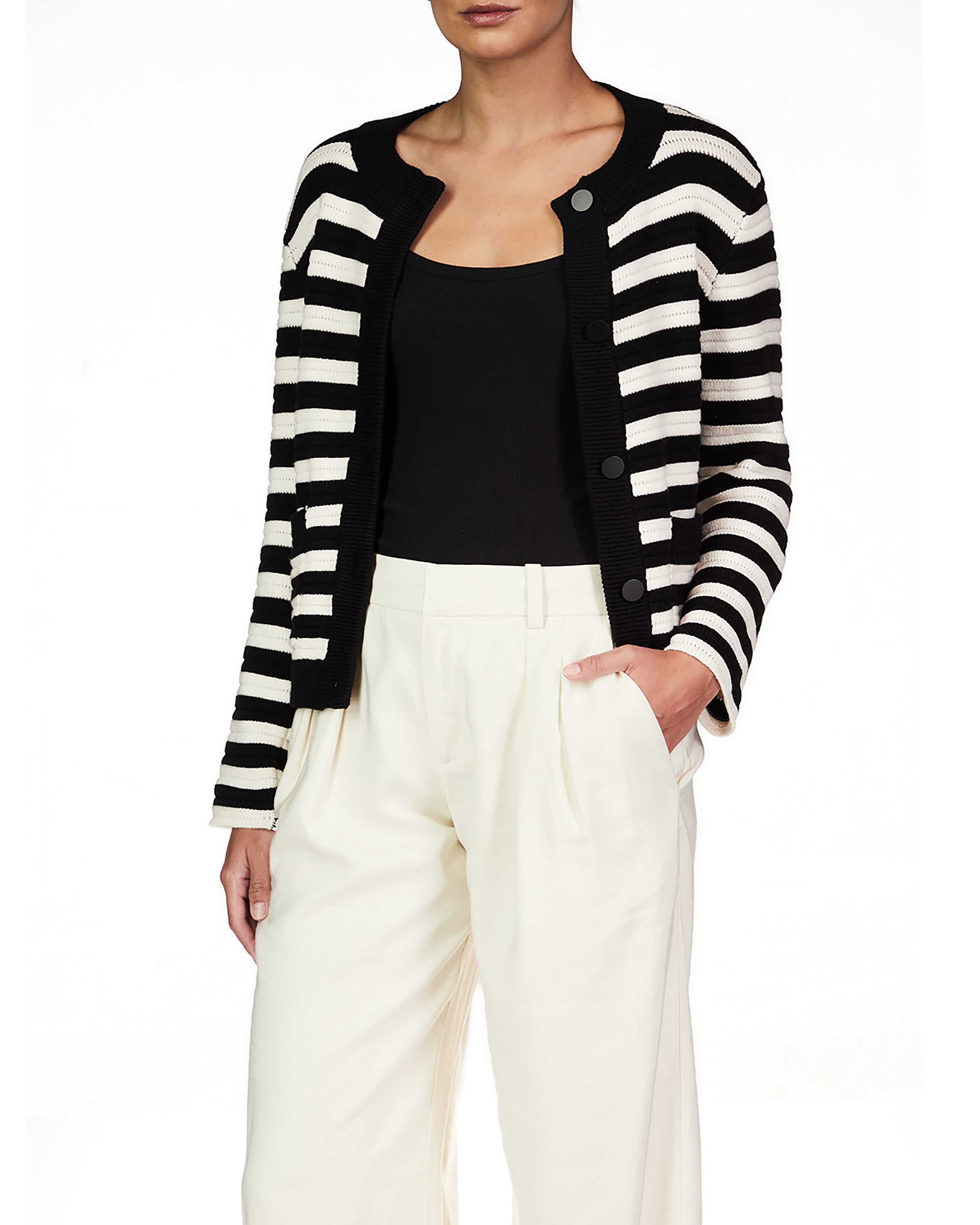 Sanctuary Knitted Jacket in Chalk and Black Stripe