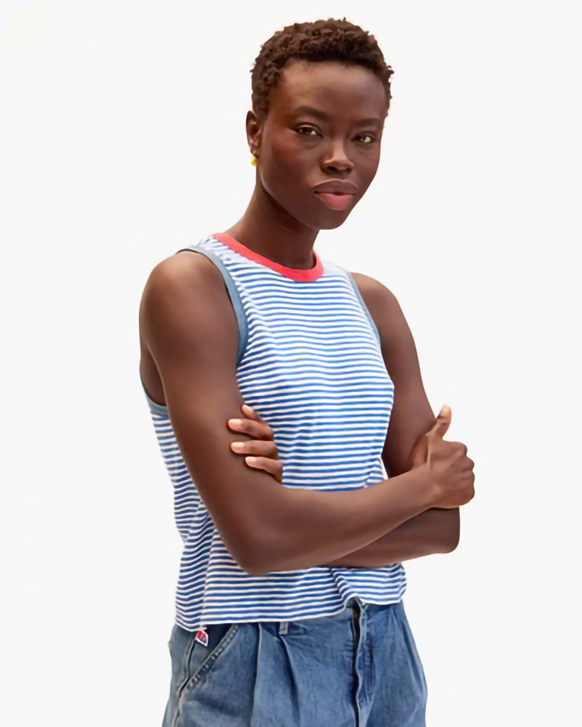 Clare V. Camp Fit Tank in Blue/Cream Cotton/Linen Mini Stripe