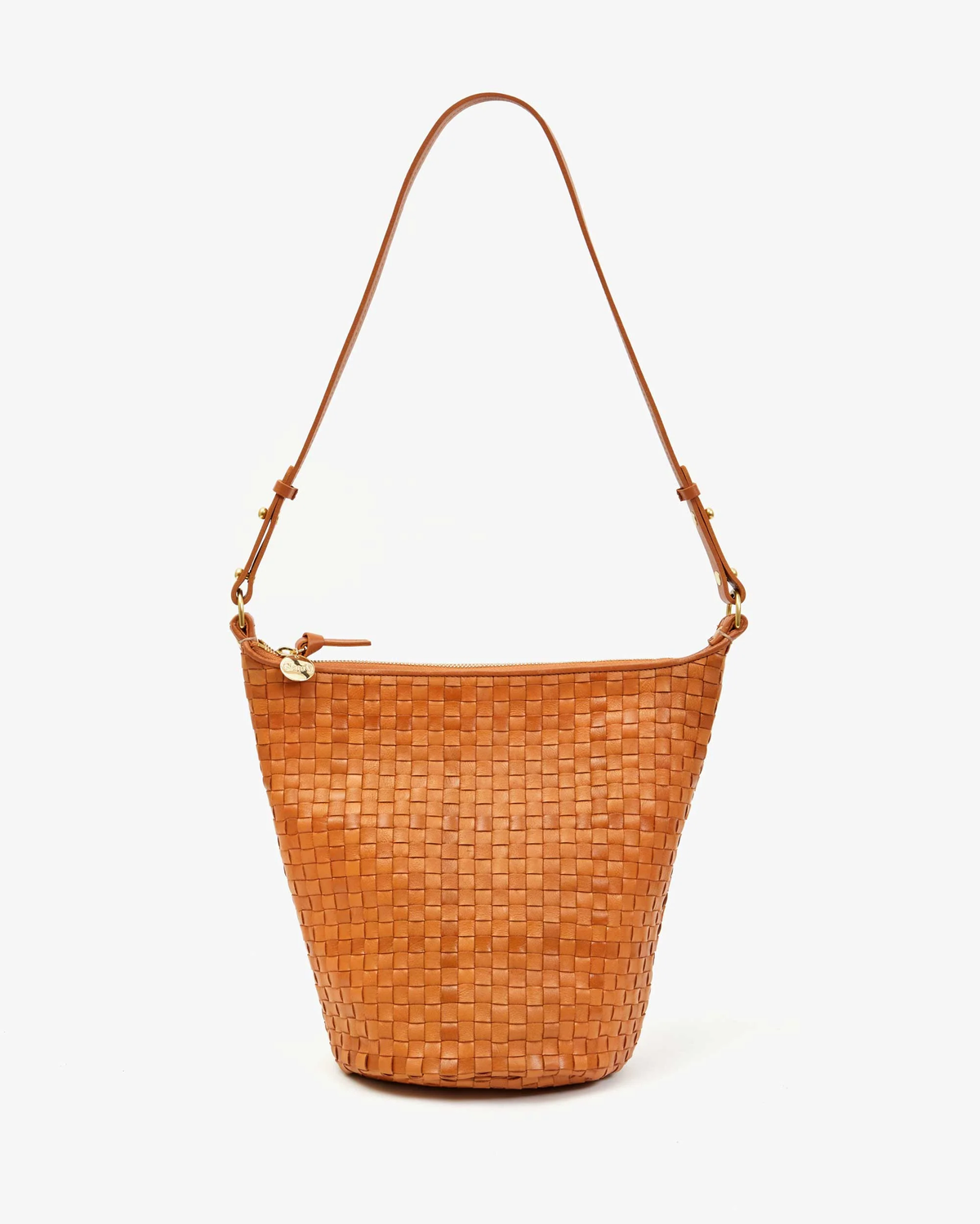 Brown woven handbag with a strap on a white background
