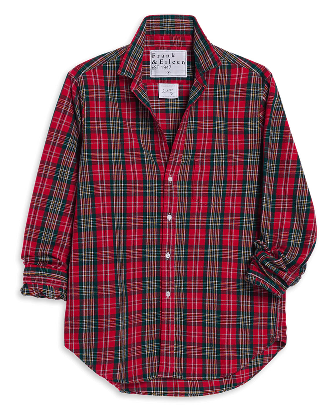 Red and green plaid shirt with 'Frank & Lillian' label on a white background