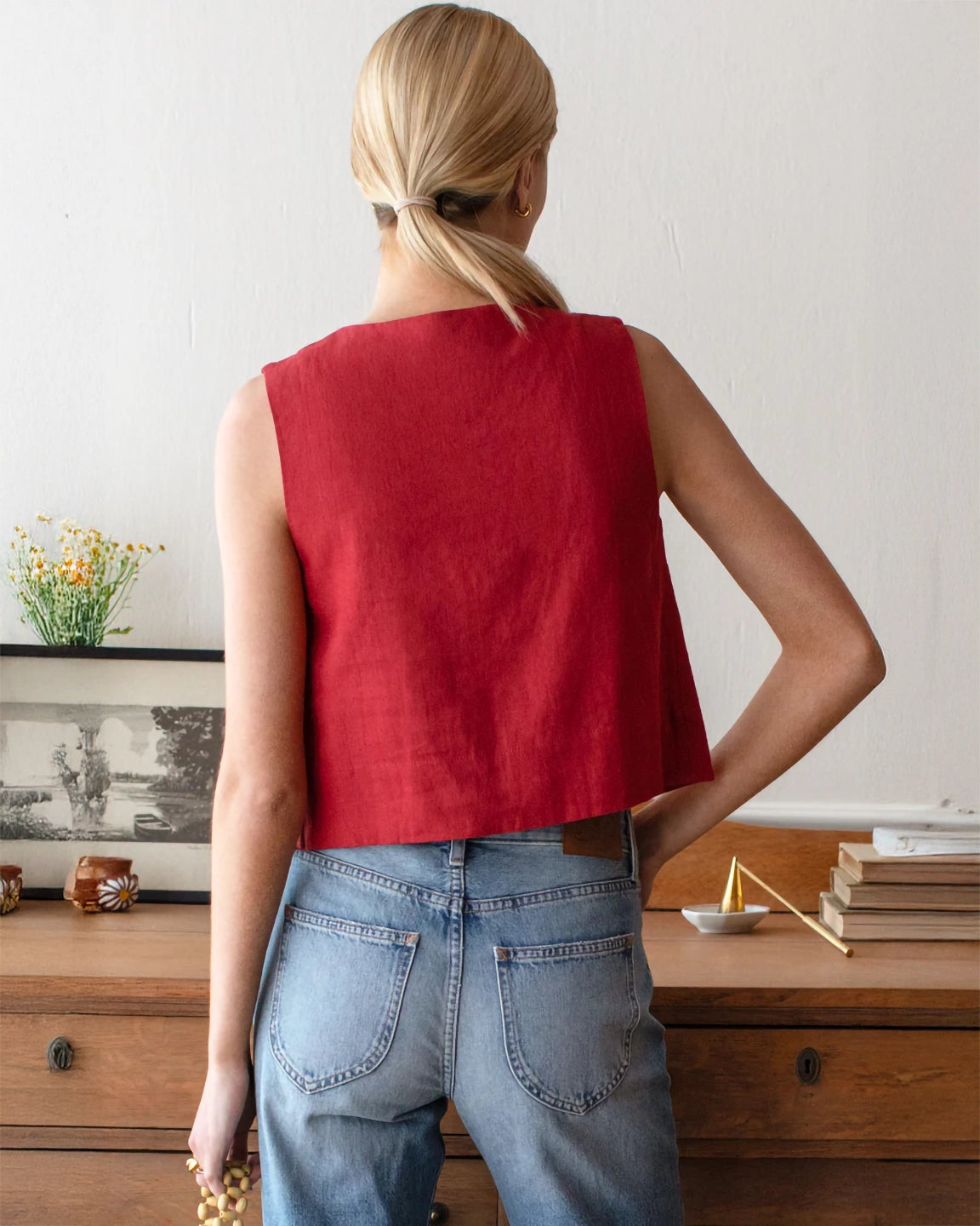 Emerson Fry Button Front Wide Hem Top in Pompeian Red Linen
