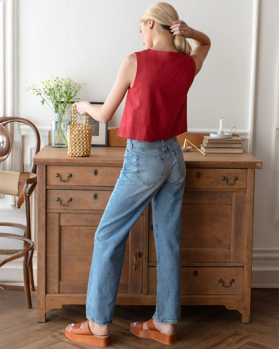 Emerson Fry Button Front Wide Hem Top in Pompeian Red Linen