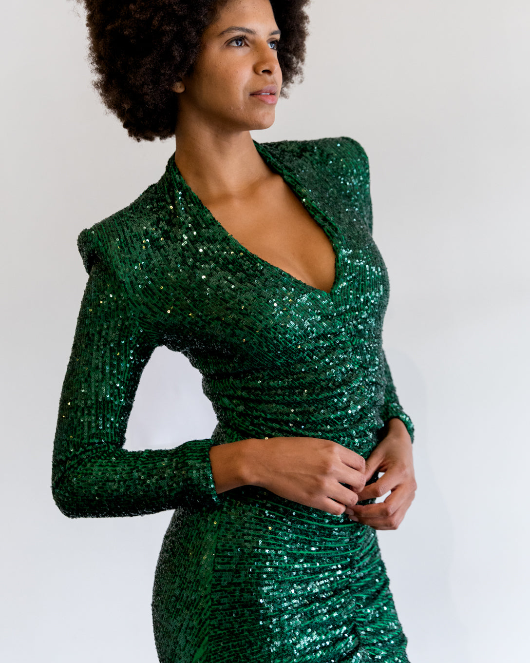 Smythe V Neck Mini Dress in Emerald Sequin