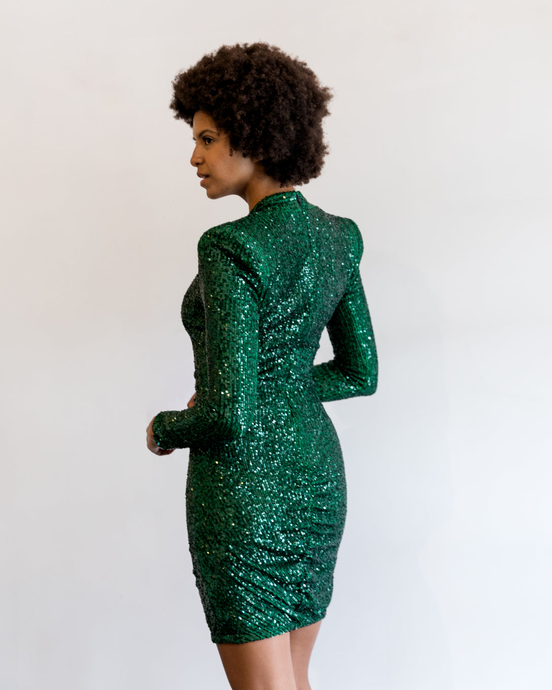 Smythe V Neck Mini Dress in Emerald Sequin